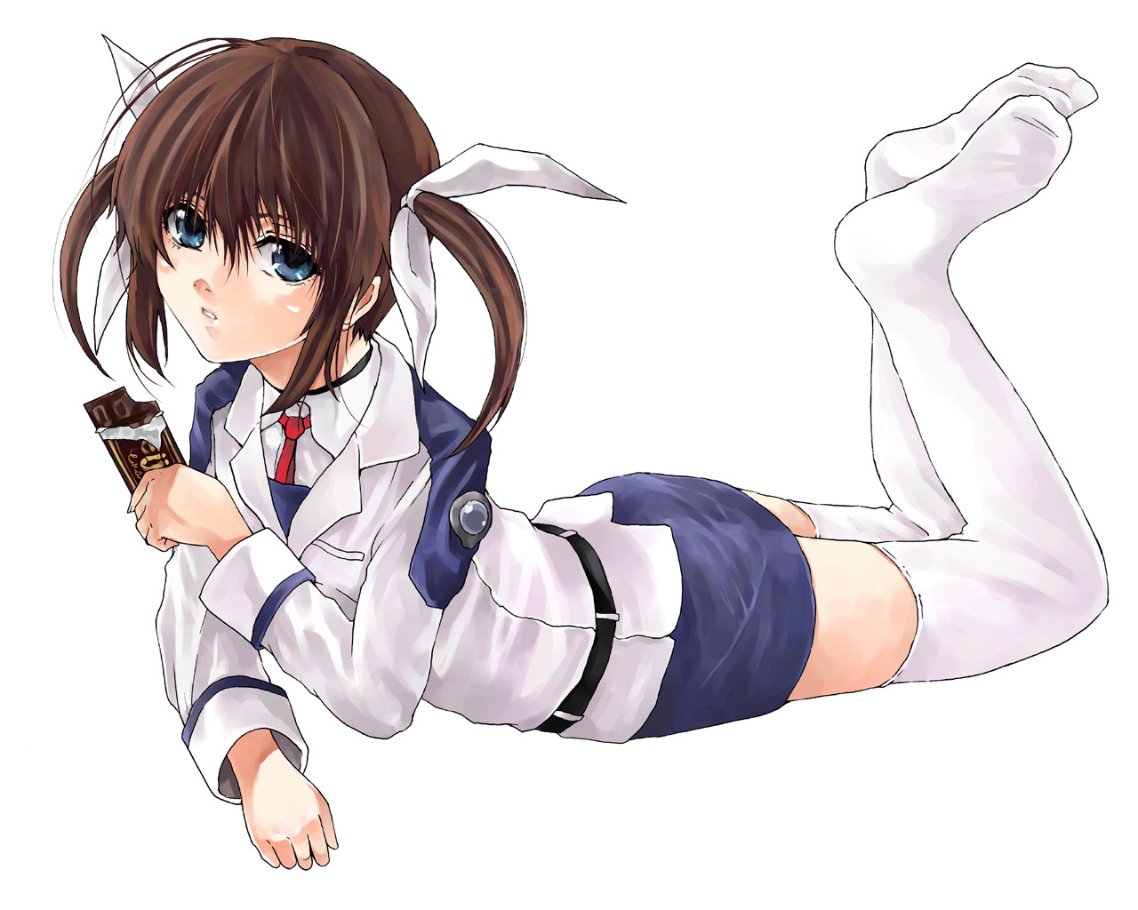 blue_eyes, brown_hair, kurokoeda, short_hair, thighhighs, twintails