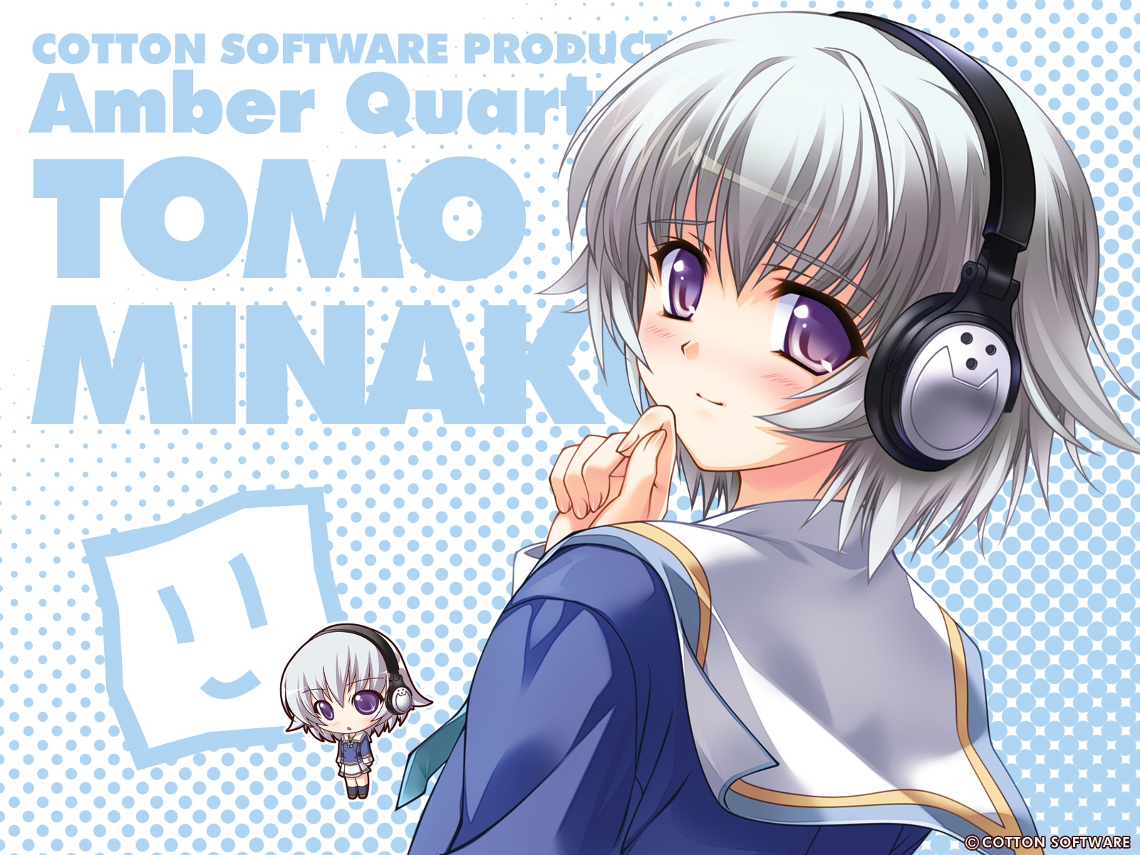 amber_quartz, chibi, gray_hair, headphones, purple_eyes, tomo_minakura