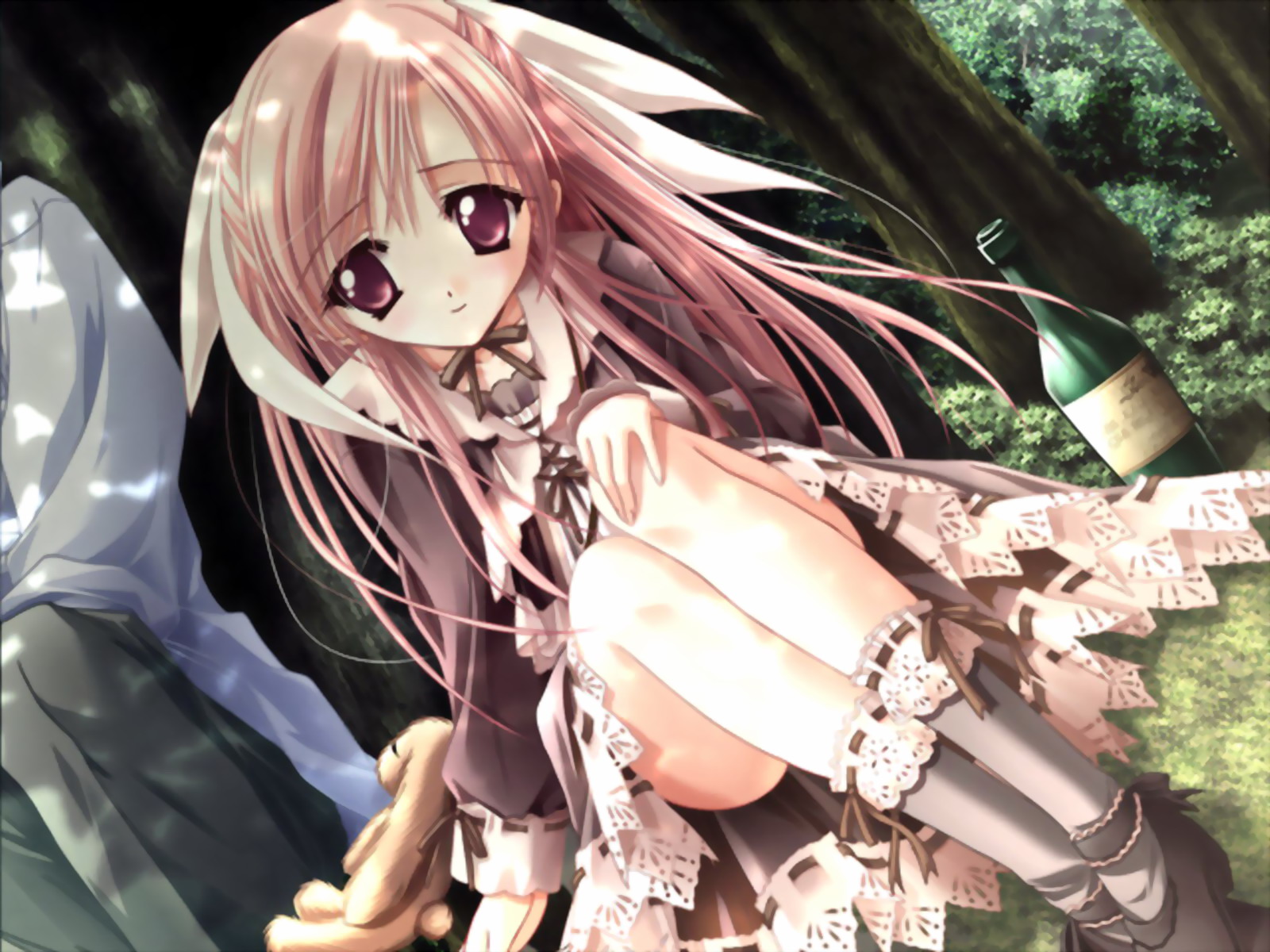 blonde_hair, cafe_little_wish, drink, long_hair, merun_(cafe_little_wish), purple_eyes, teddy_bear, tree