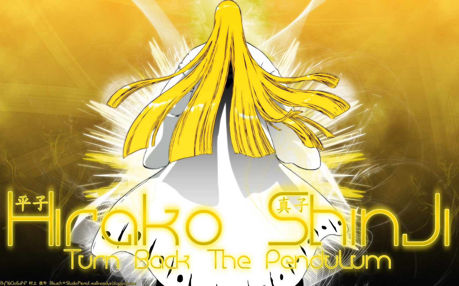 all_male, bleach, blonde_hair, hirako_shinji, long_hair, male, watermark, yellow