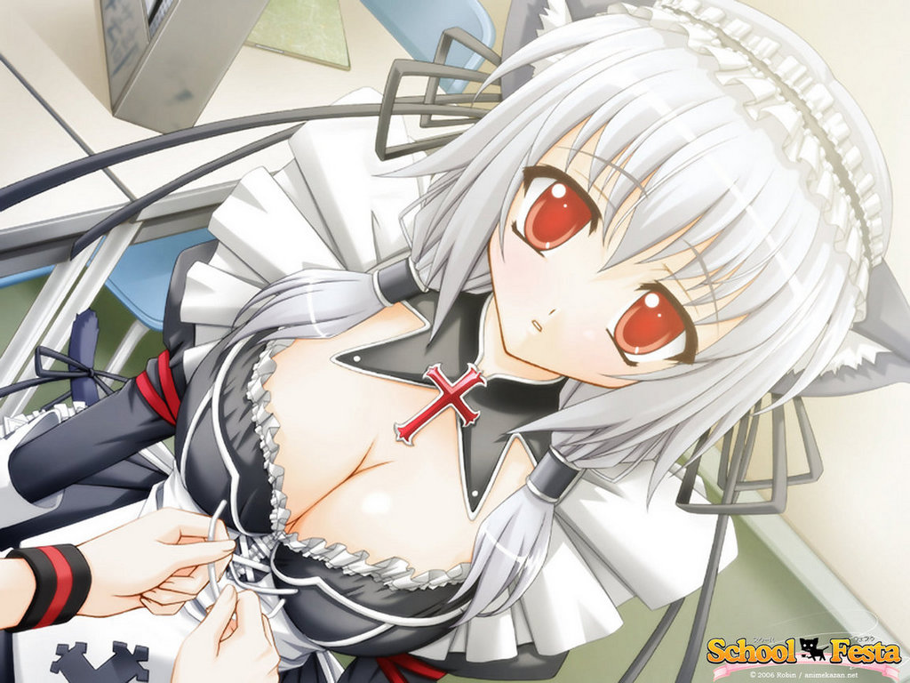 animal_ears, breasts, catgirl, cleavage, gothic, red_eyes, school_festa, white_hair