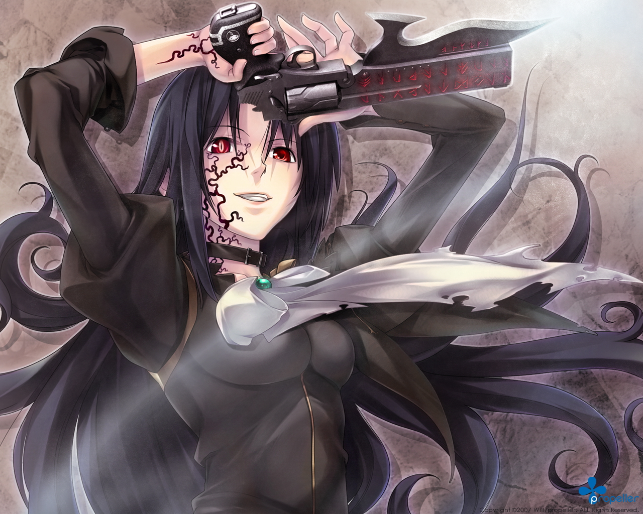 black_hair, bullet_butlers, gun, red_eyes, selma_fortenmayer, weapon