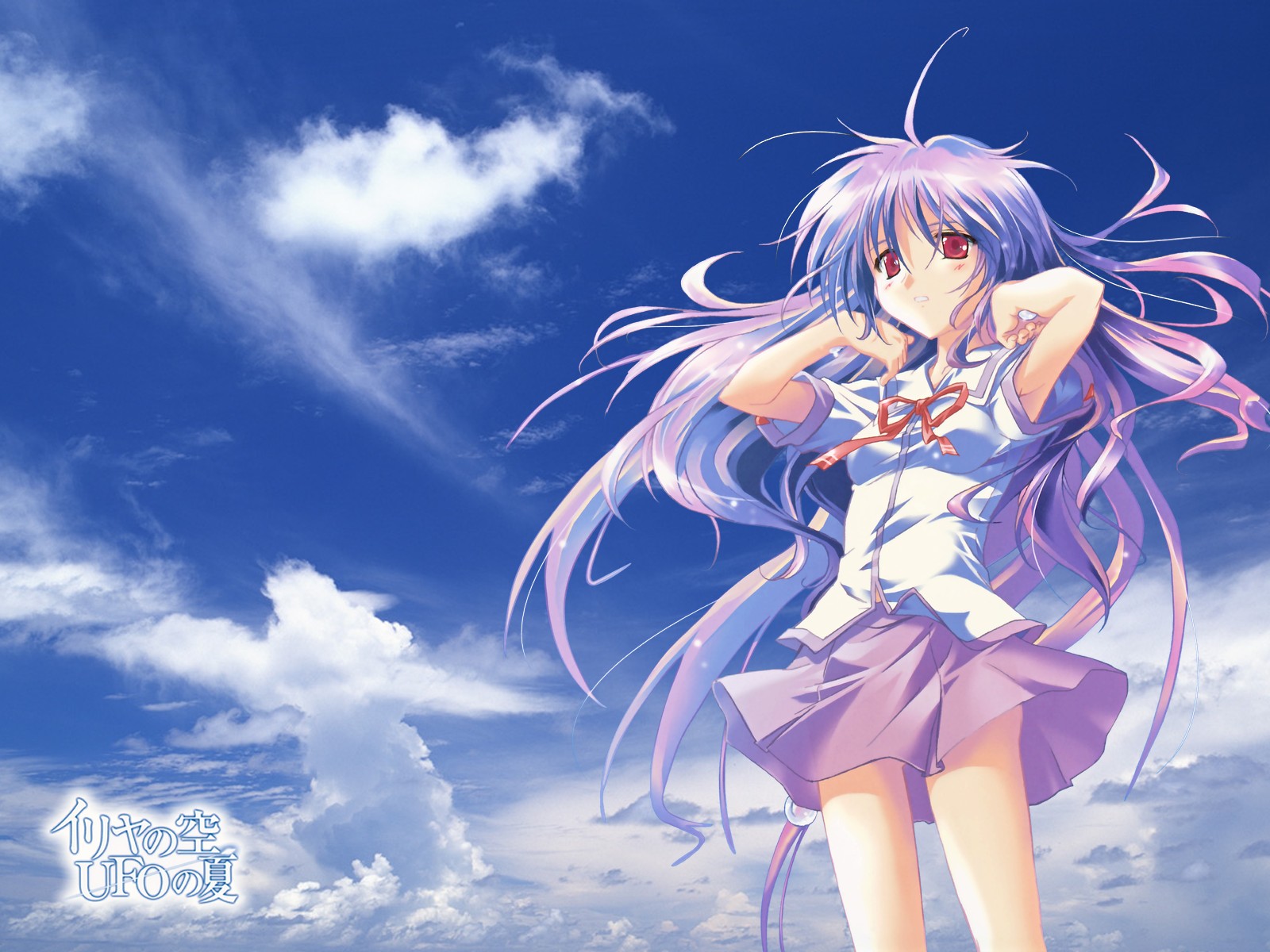 clouds, iriya_kana, iriya_no_sora_ufo_no_natsu, komatsu_eiji, long_hair, purple_hair, red_eyes, school_uniform