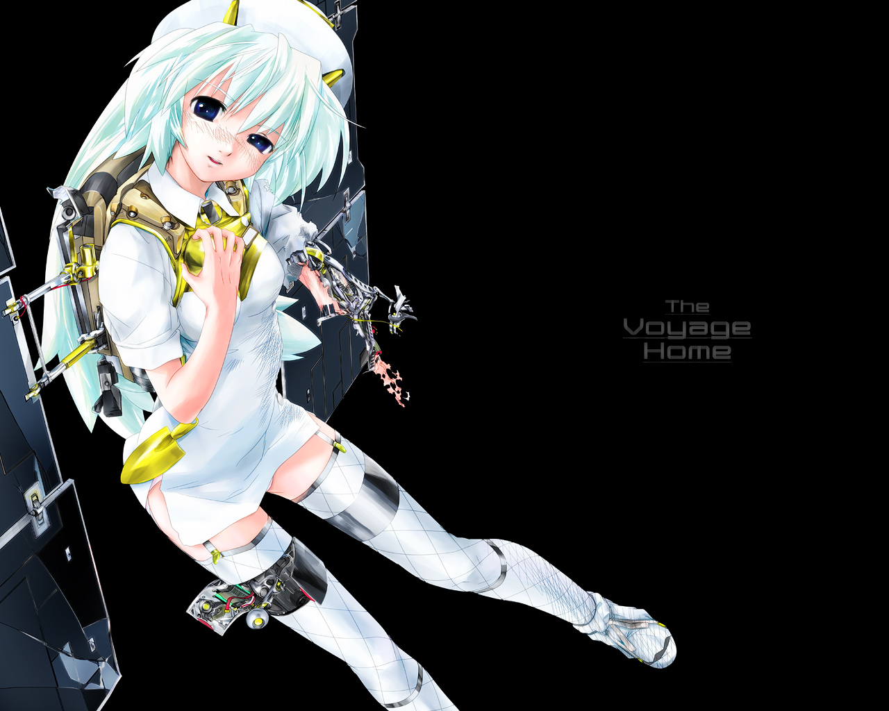 aqua_eyes, aqua_hair, ashibe_ryou, hayabusa_(spacecraft), long_hair, robot, space, stockings, thighhighs