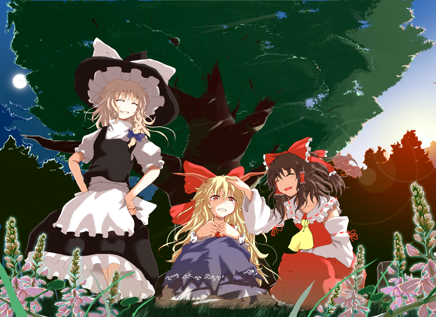 blonde_hair, flowers, hakurei_reimu, hat, ibuki_suika, japanese_clothes, kirisame_marisa, long_hair