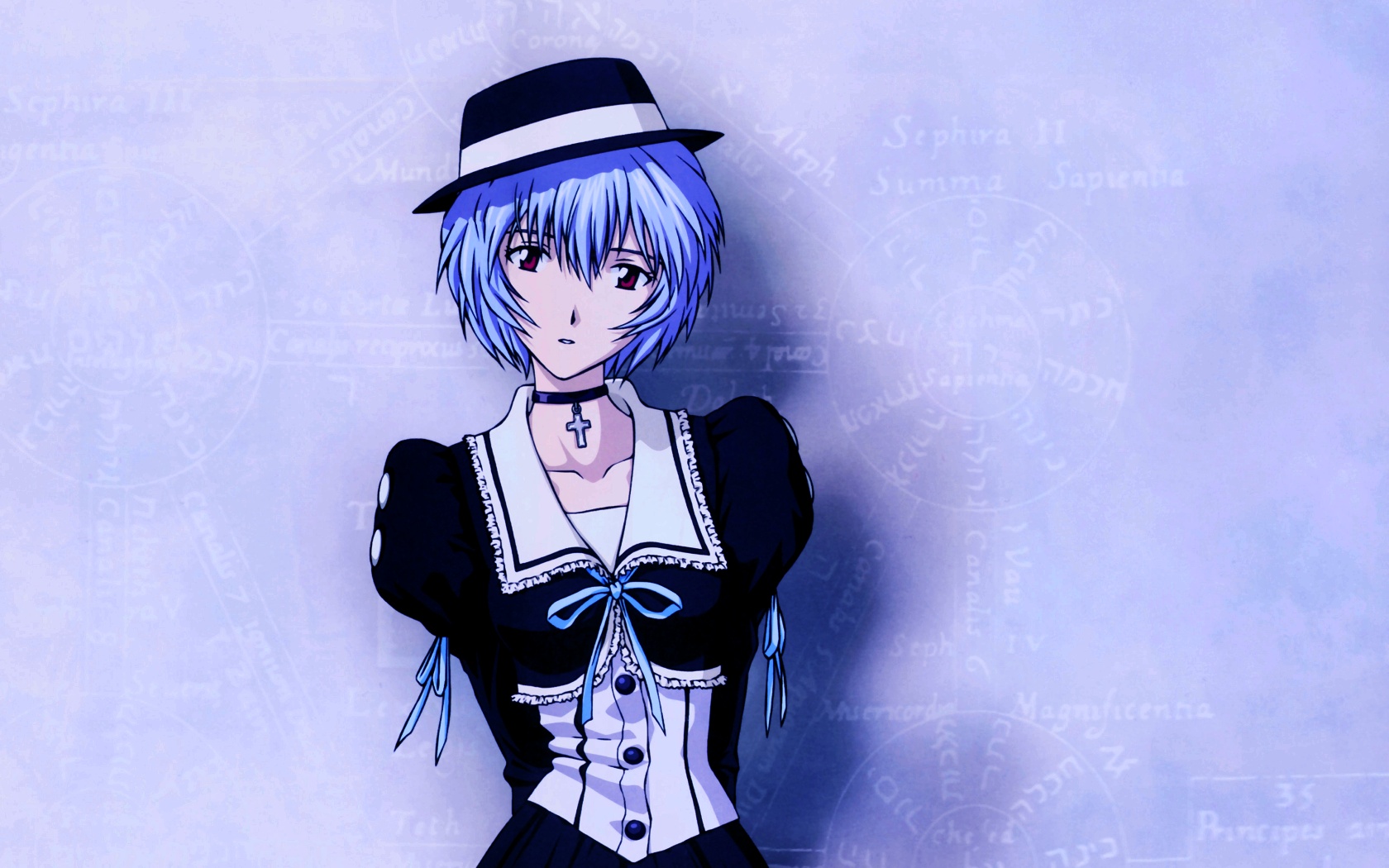 ayanami_rei, blue, blue_hair, cross, fukano_youichi, gothic, hat, lolita_fashion