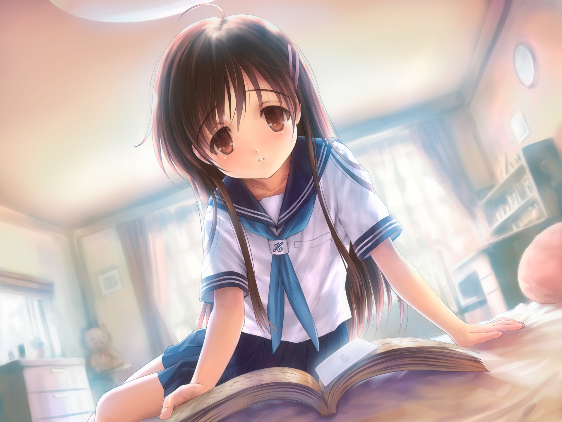 bed, book, brown_eyes, brown_hair, goto_p, long_hair, narcissu, sakura_setsumi, school_uniform, skirt, teddy_bear