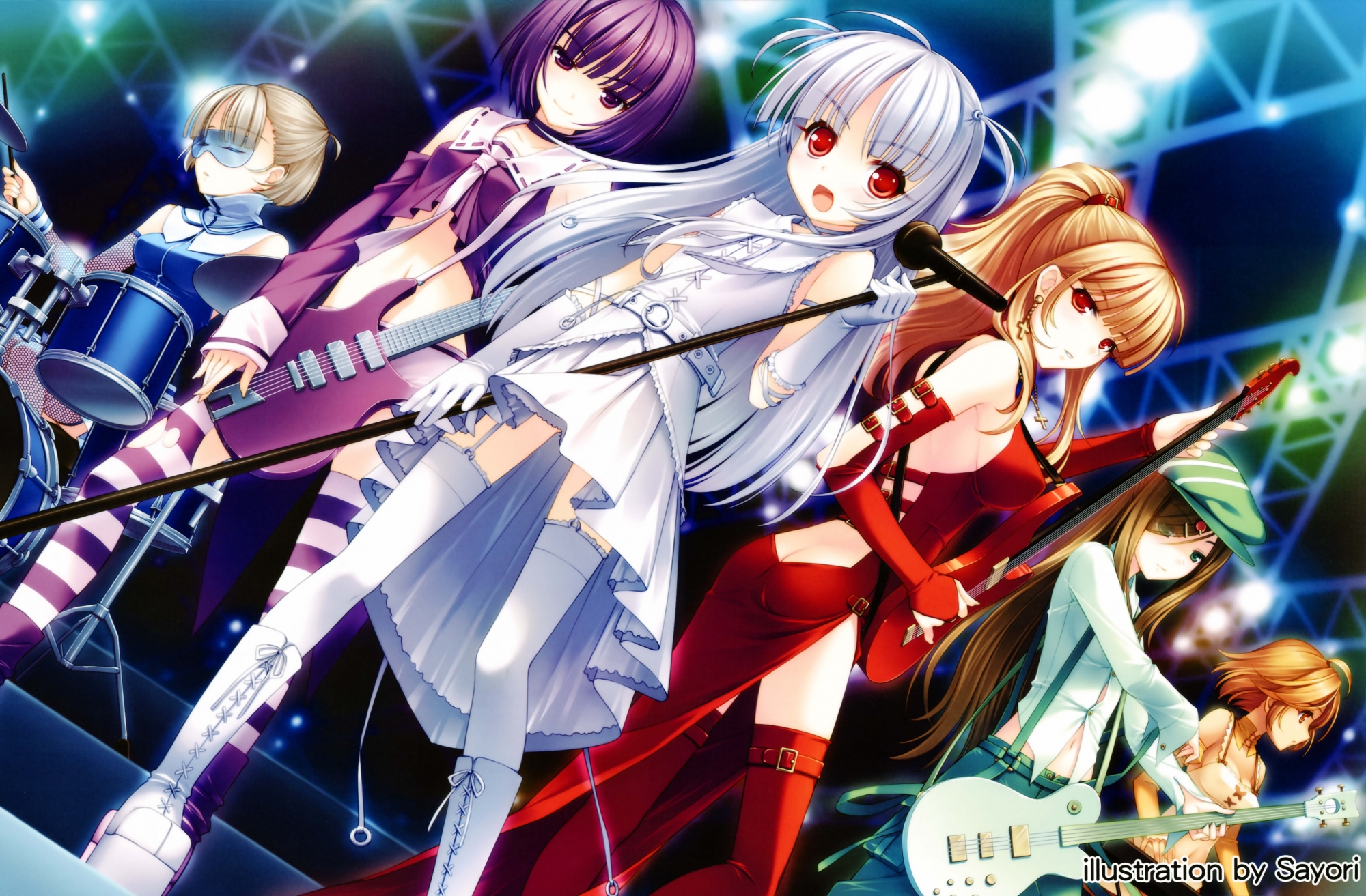 baroque_(sound_horizon), boots, brown_eyes, brown_hair, dress, drums, elbow_gloves, el_(sound_horizon), garter_belt, gloves, green_eyes, group, guitar, hat, instrument, long_hair, microphone, navel, purple_eyes, purple_hair, red_eyes, sacrifice_(sound_horizon), sayori, scan, short_hair, soror_(sound_horizon), sound_horizon, stardust_(sound_horizon), stockings, thighhighs, watermark, white_hair, yield_(sound_horizon)