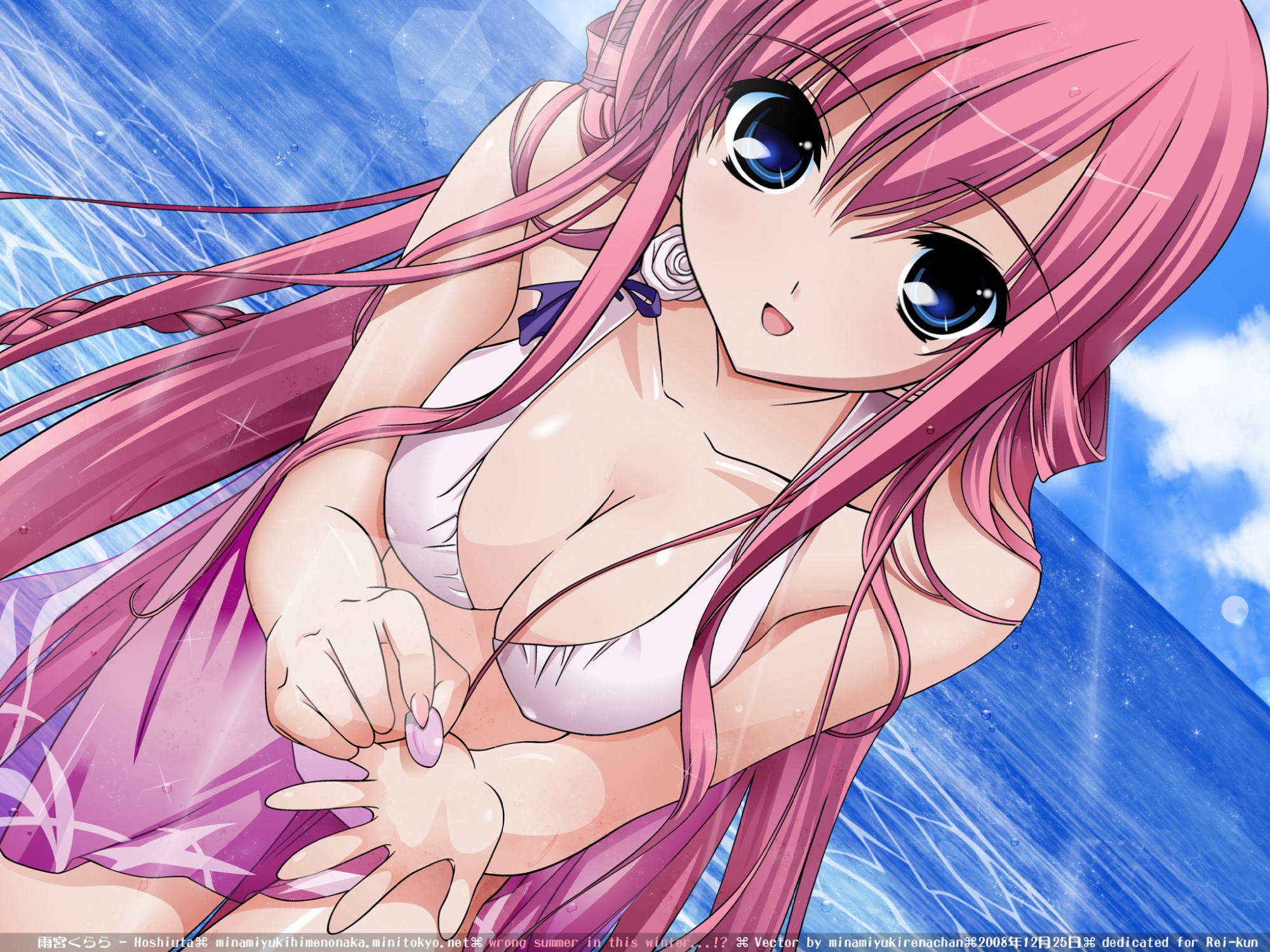 amamiya_kurara, beach, bikini, blue_eyes, breasts, cleavage, fumio, hoshiuta, see_through, signed, swimsuit, vector