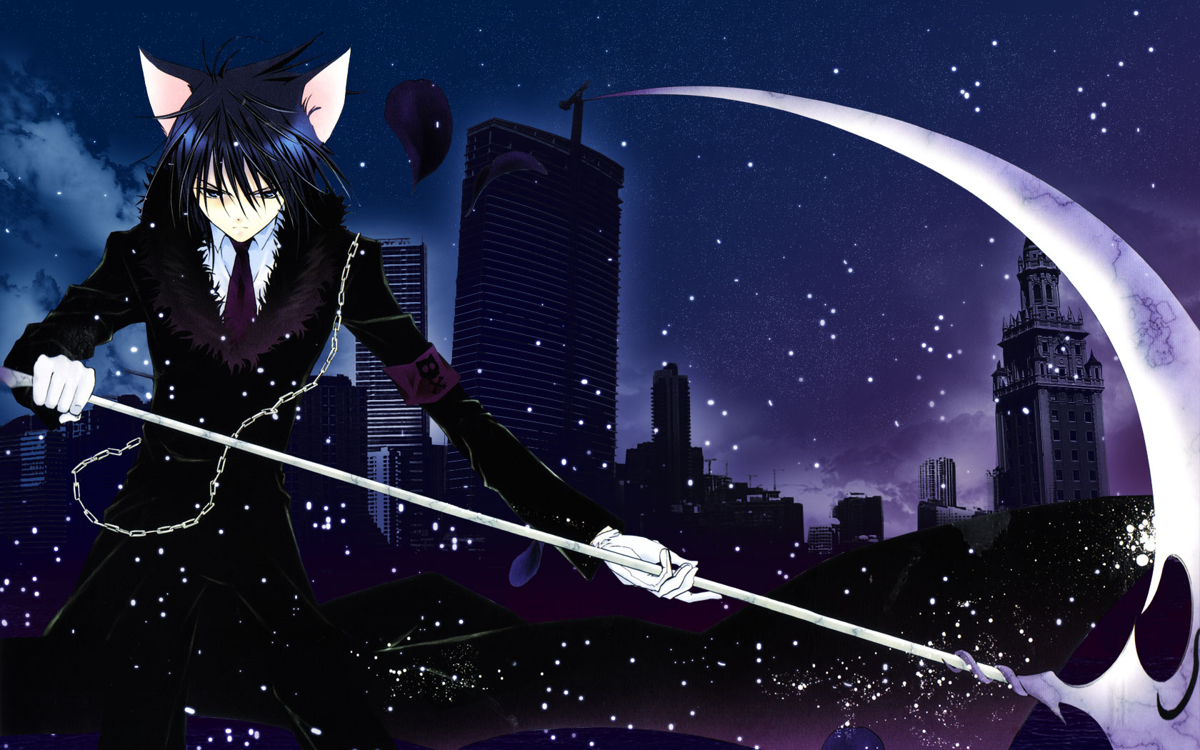 animal_ears, blue_hair, building, city, peach-pit, scythe, short_hair, shugo_chara