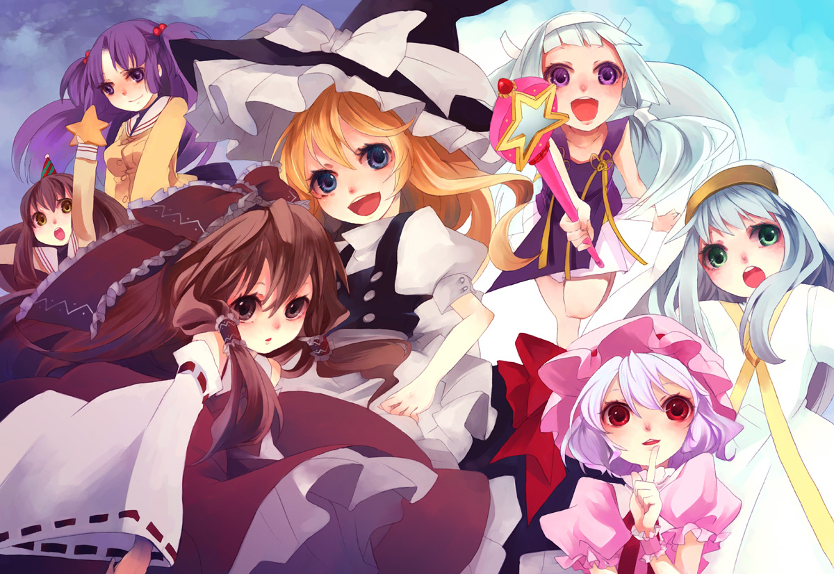blonde_hair, blue_eyes, blush, bow, brown_eyes, brown_hair, clannad, crossover, gray_hair, green_eyes, group, hakurei_reimu, hat, headband, ibuki_fuuko, ichinose_kotomi, index, japanese_clothes, kannagi_crazy_shrine_maidens, kirisame_marisa, long_hair, miko, nagi, nun, pink_eyes, pink_hair, purple_eyes, purple_hair, red_eyes, remilia_scarlet, ribbons, school_uniform, shimakoma, short_hair, to_aru_majutsu_no_index, touhou, witch, yellow_eyes