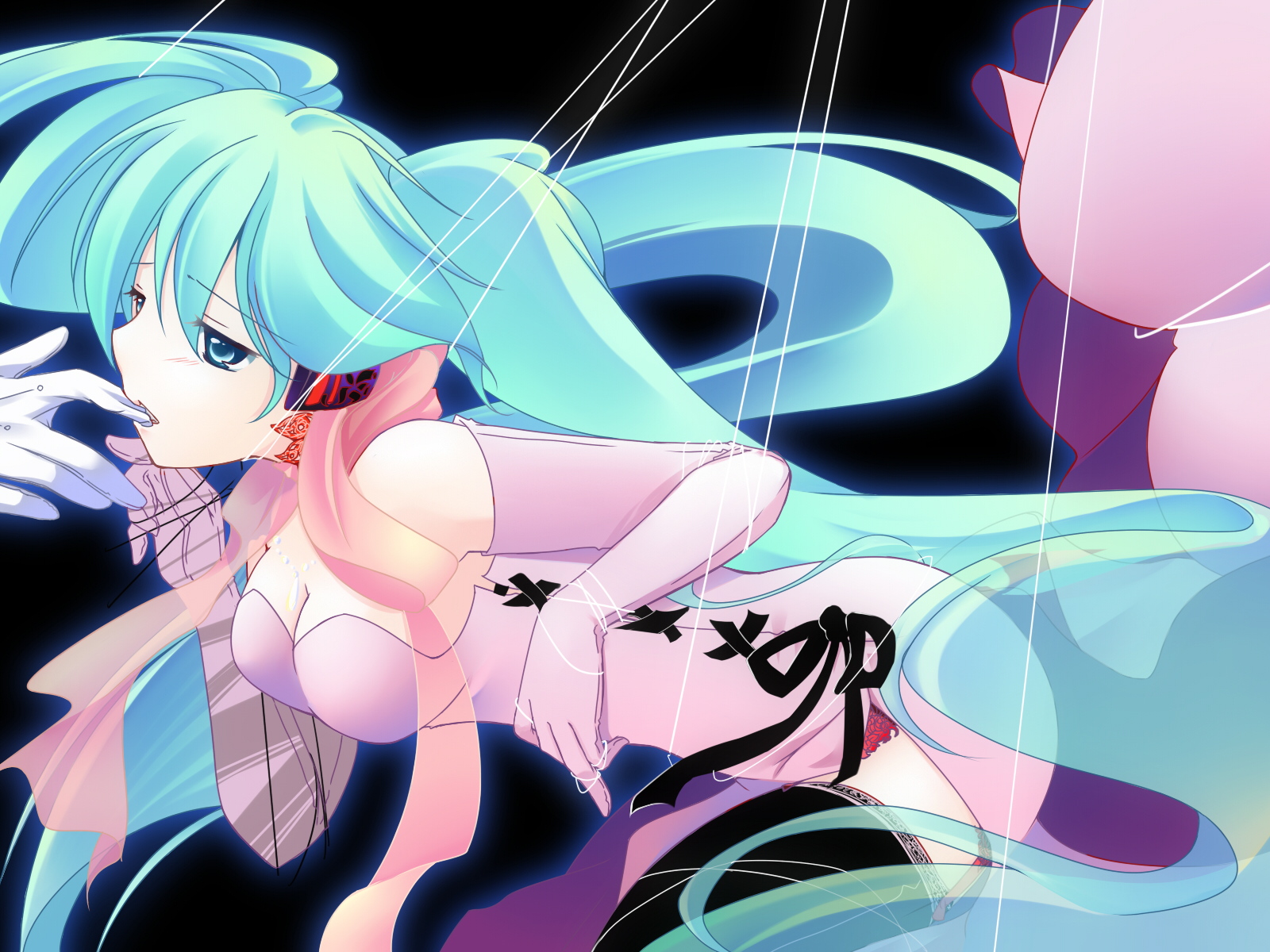 aqua_hair, blue_eyes, dress, elbow_gloves, gloves, hatsune_miku, long_hair, marionette_syndrome_(vocaloid), thighhighs, tokei, twintails, vocaloid
