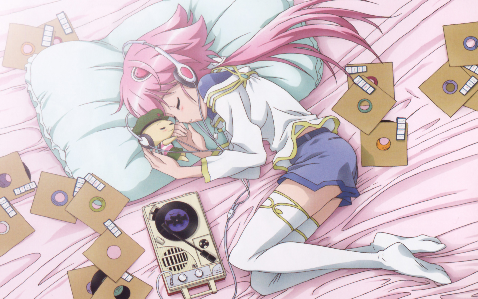 bed, headphones, shishidou_akiha, shishidou_imoko, sora_wo_kakeru_shoujo