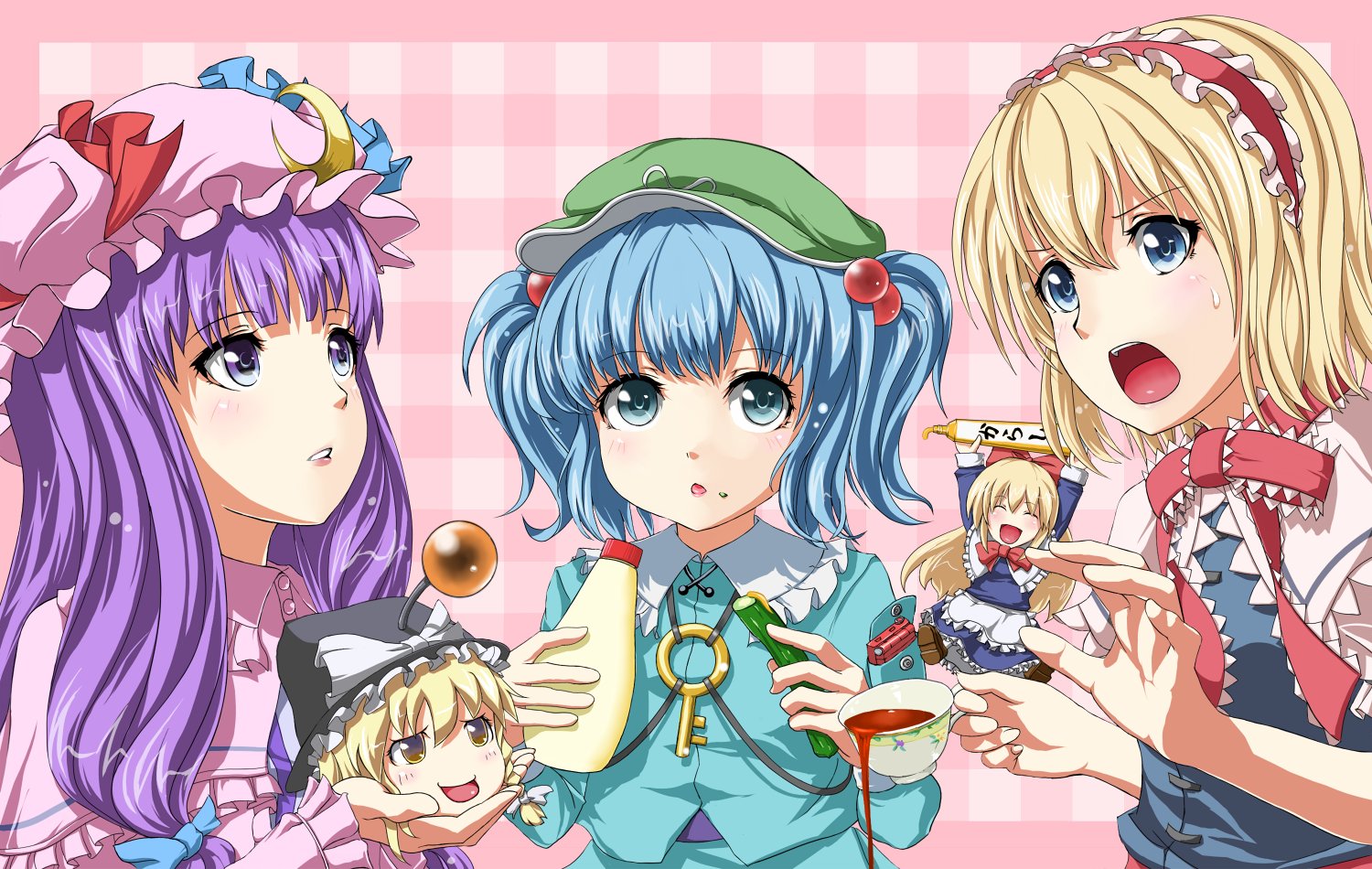 alice_margatroid, aqua_eyes, blonde_hair, blue_eyes, blue_hair, doll, dress, drink, food, fuji_hyorone, hat, kawashiro_nitori, kirisame_marisa, long_hair, patchouli_knowledge, purple_eyes, purple_hair, ribbons, shanghai_doll, short_hair, touhou, twintails, witch, yellow_eyes, yukkuri_shiteitte_ne