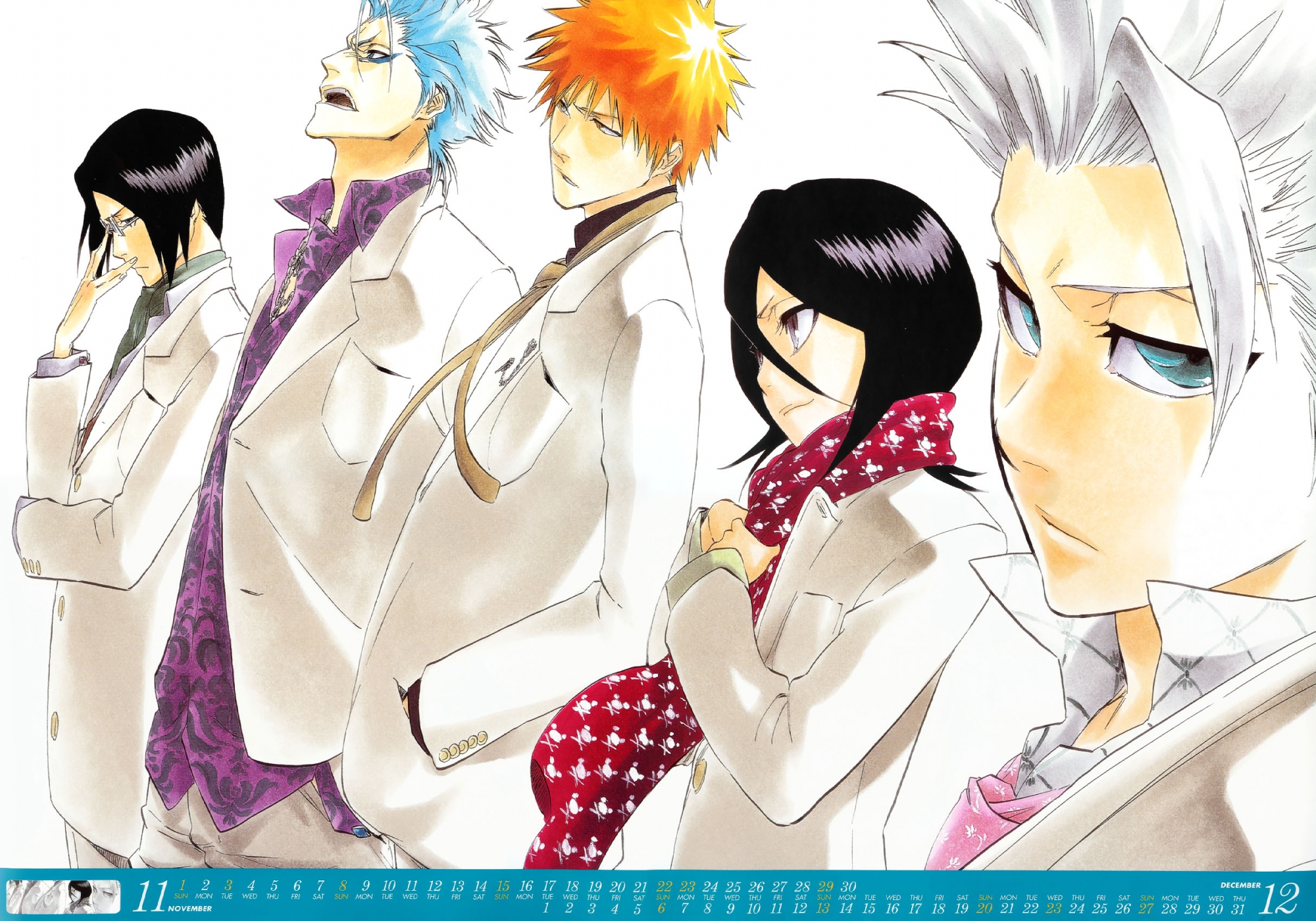 bleach, calendar, grimmjow_jeagerjaques, hitsugaya_toushirou, ishida_uryuu, kuchiki_rukia, kurosaki_ichigo, male