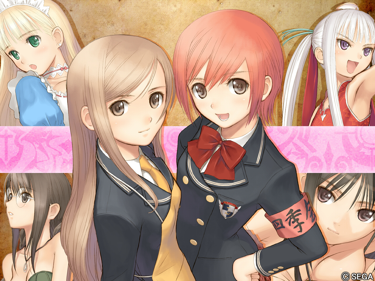 blonde_hair, bow, brown_eyes, choker, clalaclan_philias, glasses, gray_eyes, green_eyes
