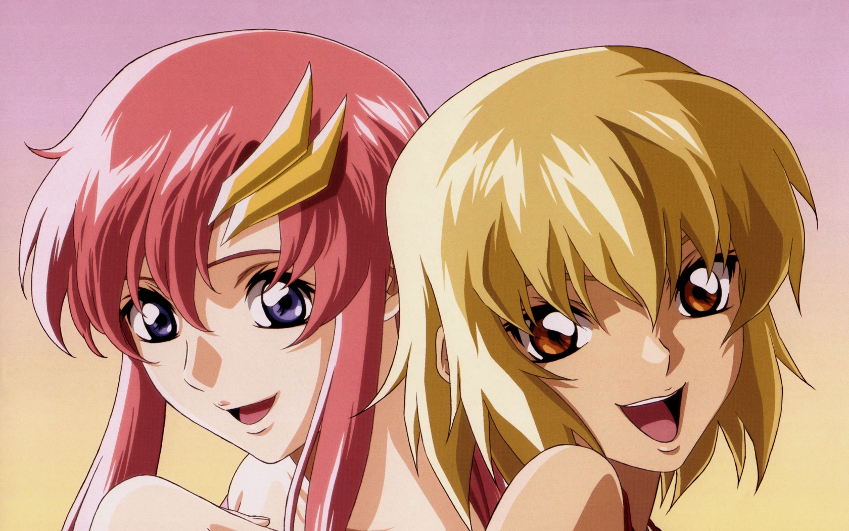 blonde_hair, blue_eyes, brown_eyes, cagalli_yula_athha, close, gundam_seed, lacus_clyne, long_hair