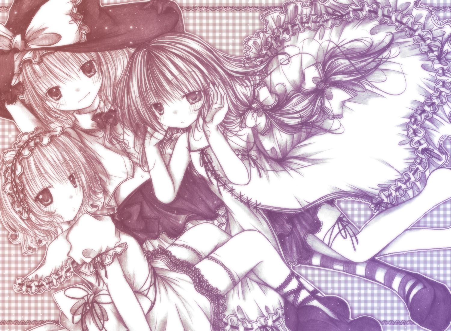 alice_margatroid, hat, kasuga_sunao, kirisame_marisa, patchouli_knowledge, polychromatic, ribbons, short_hair