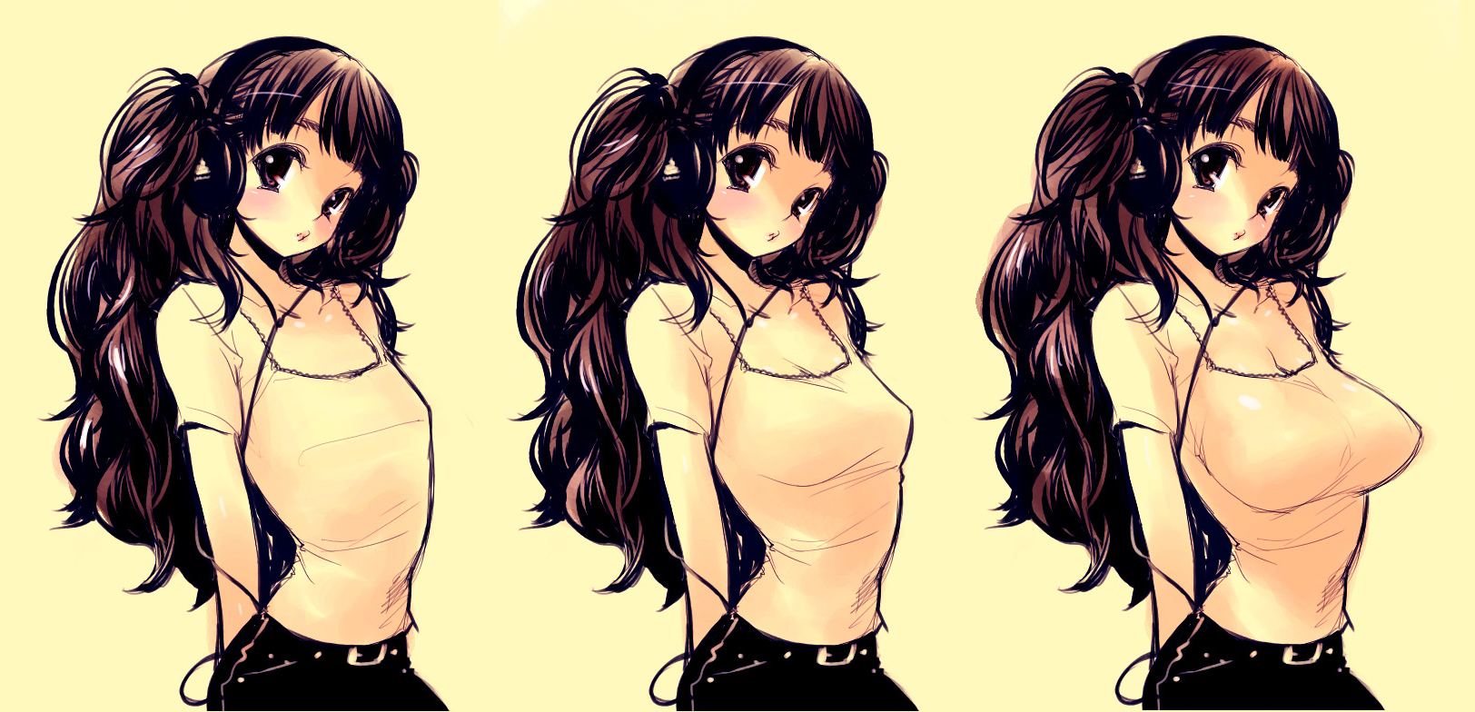breasts, cleavage, goshiki_suzu, headphones, long_hair, monochrome