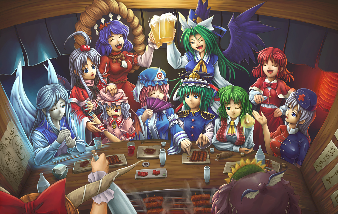 drink, food, group, ibuki_suika, kazami_yuuka, mima, mystia_lorelei, okazaki_yumemi, remilia_scarlet, rope, saigyouji_yuyuko, sake, sariel, shiki_eiki, shinki, touhou, tubane, vampire, wings, yagokoro_eirin, yasaka_kanako