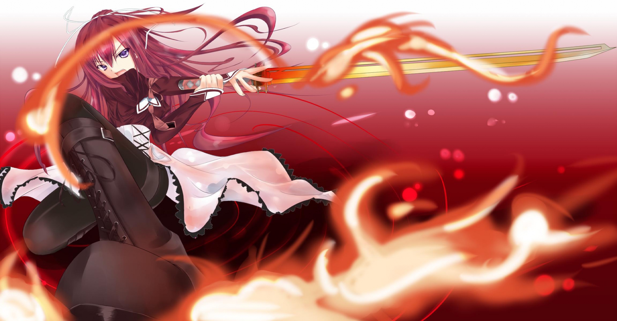 11_eyes, boots, dress, fire, kusakabe_misuzu, long_hair, purple_eyes, red_hair