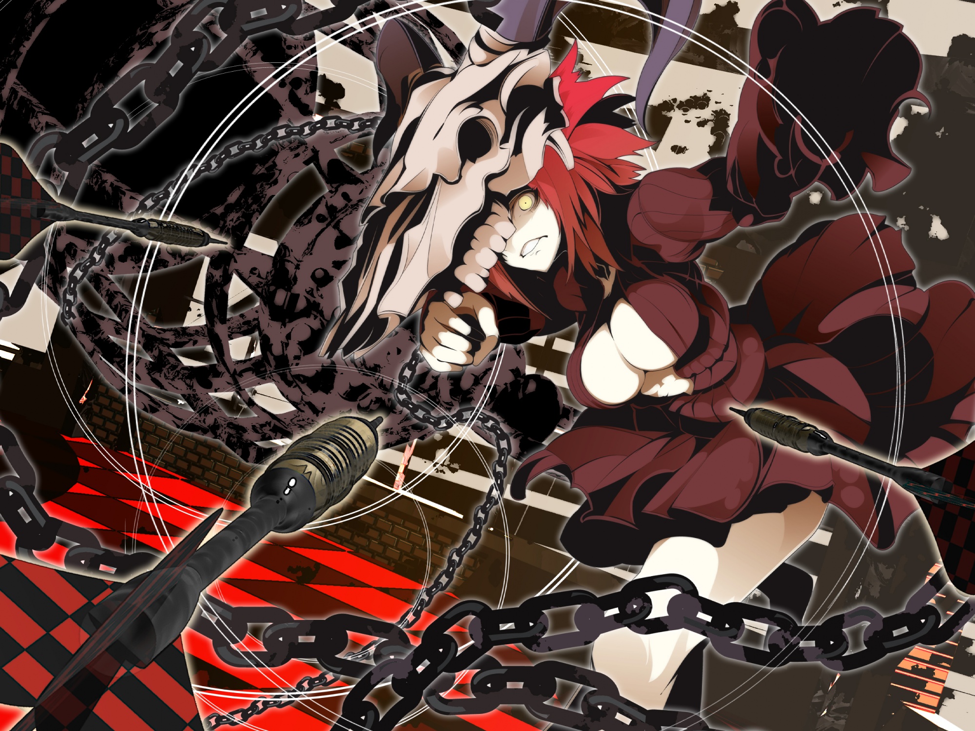 breasts, chain, cleavage, original, red_hair, uki, weapon, yellow_eyes
