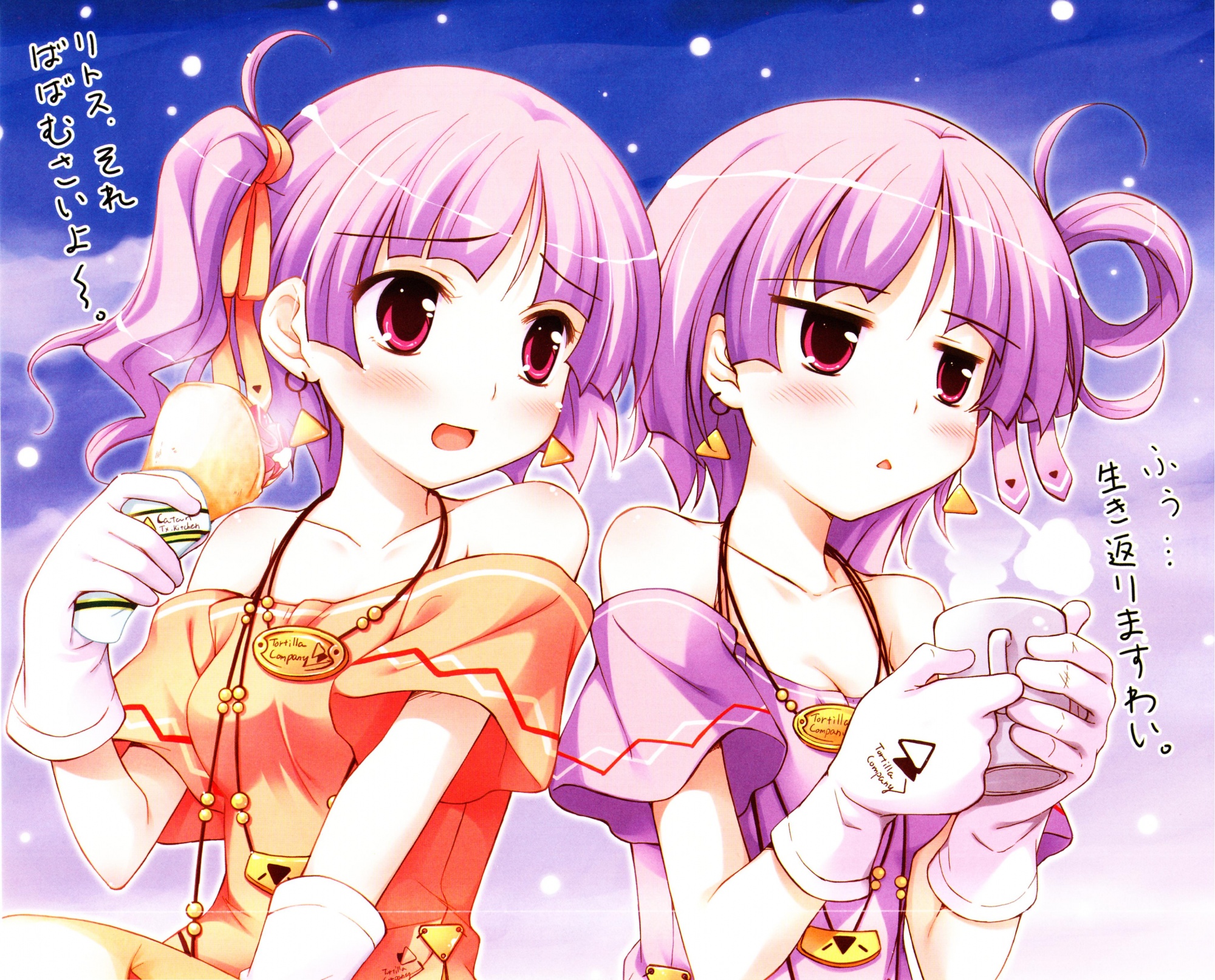 2girls, blush, ko~cha, purple_hair, ritos_tortilla, salsa_tortilla, shukufuku_no_campanella, twins