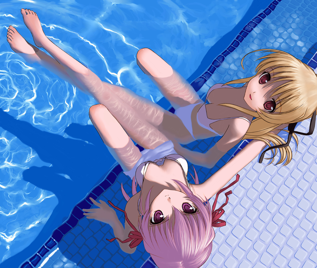 2girls, barefoot, bikini, breasts, cleavage, cynthia_marguerite, estel_freesia, long_hair, mocha, pool, short_hair, swimsuit, water, yoake_mae_yori_ruri_iro_na