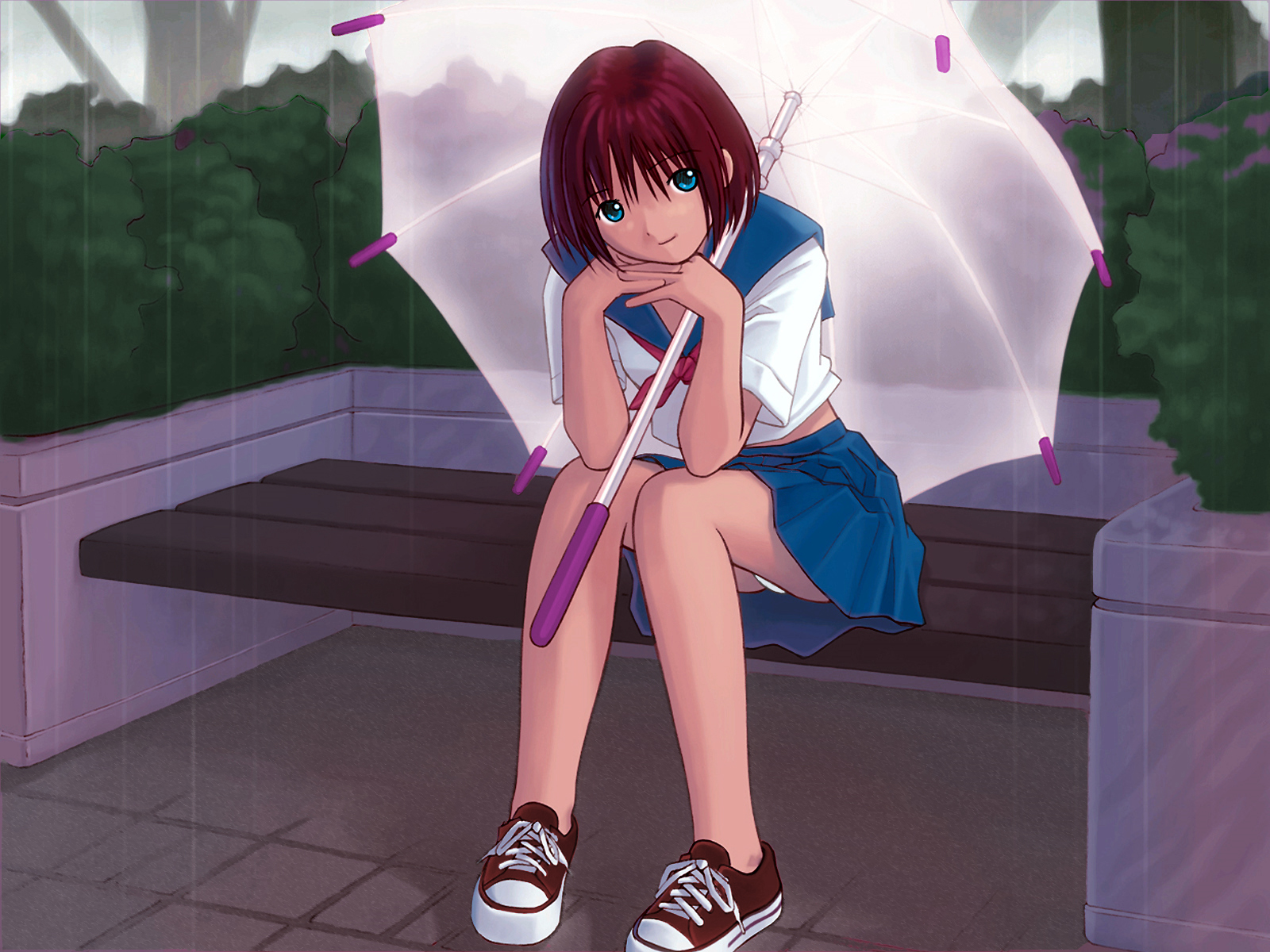 kobayashi_yuji, panties, rain, school_uniform, umbrella, underwear, water
