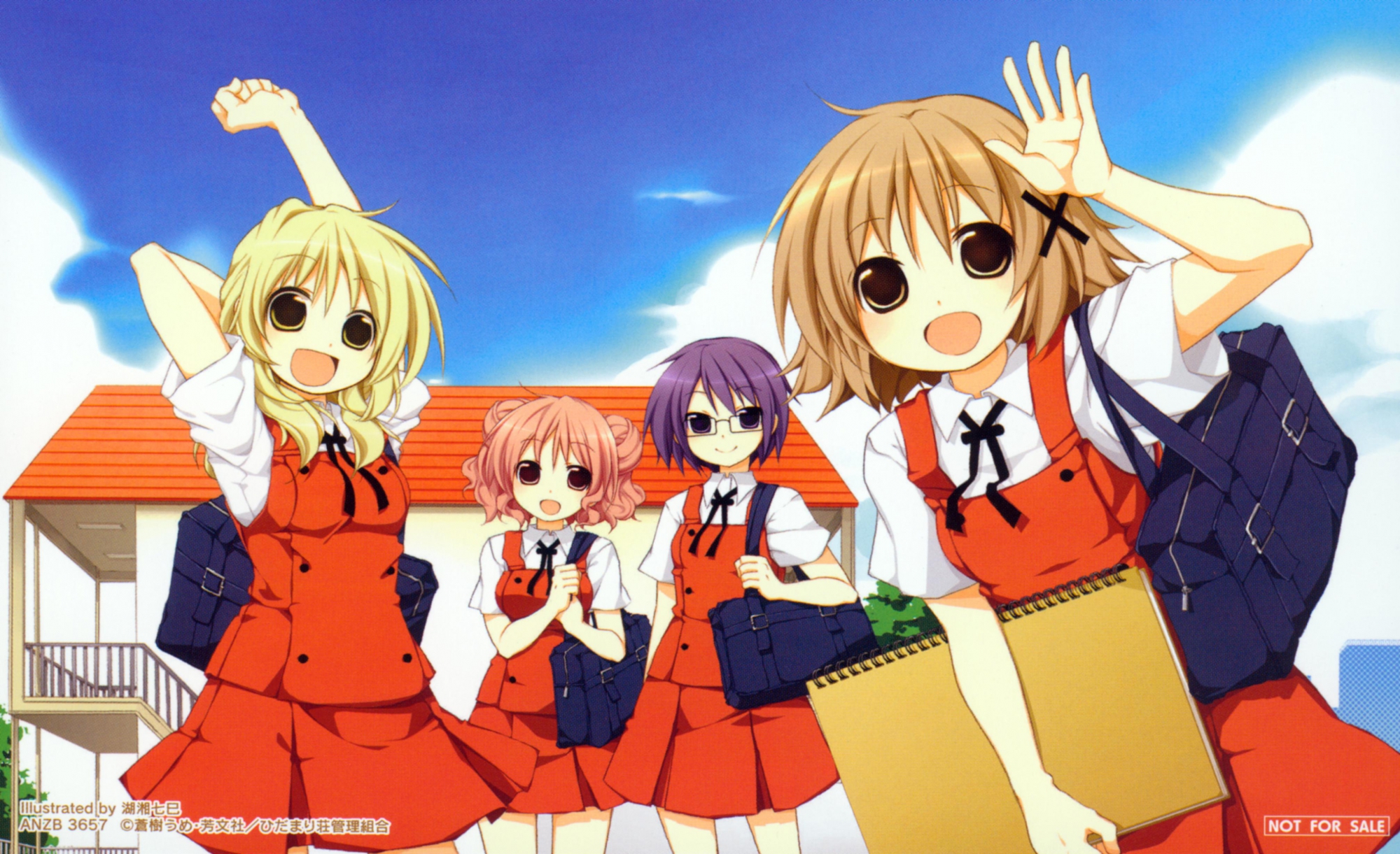 blonde_hair, brown_eyes, brown_hair, glasses, hidamari_sketch, hiro, koshou_shichimi, miyako, pink_eyes, pink_hair, purple_eyes, purple_hair, sae, school_uniform, short_hair, skirt, yellow_eyes, yuno