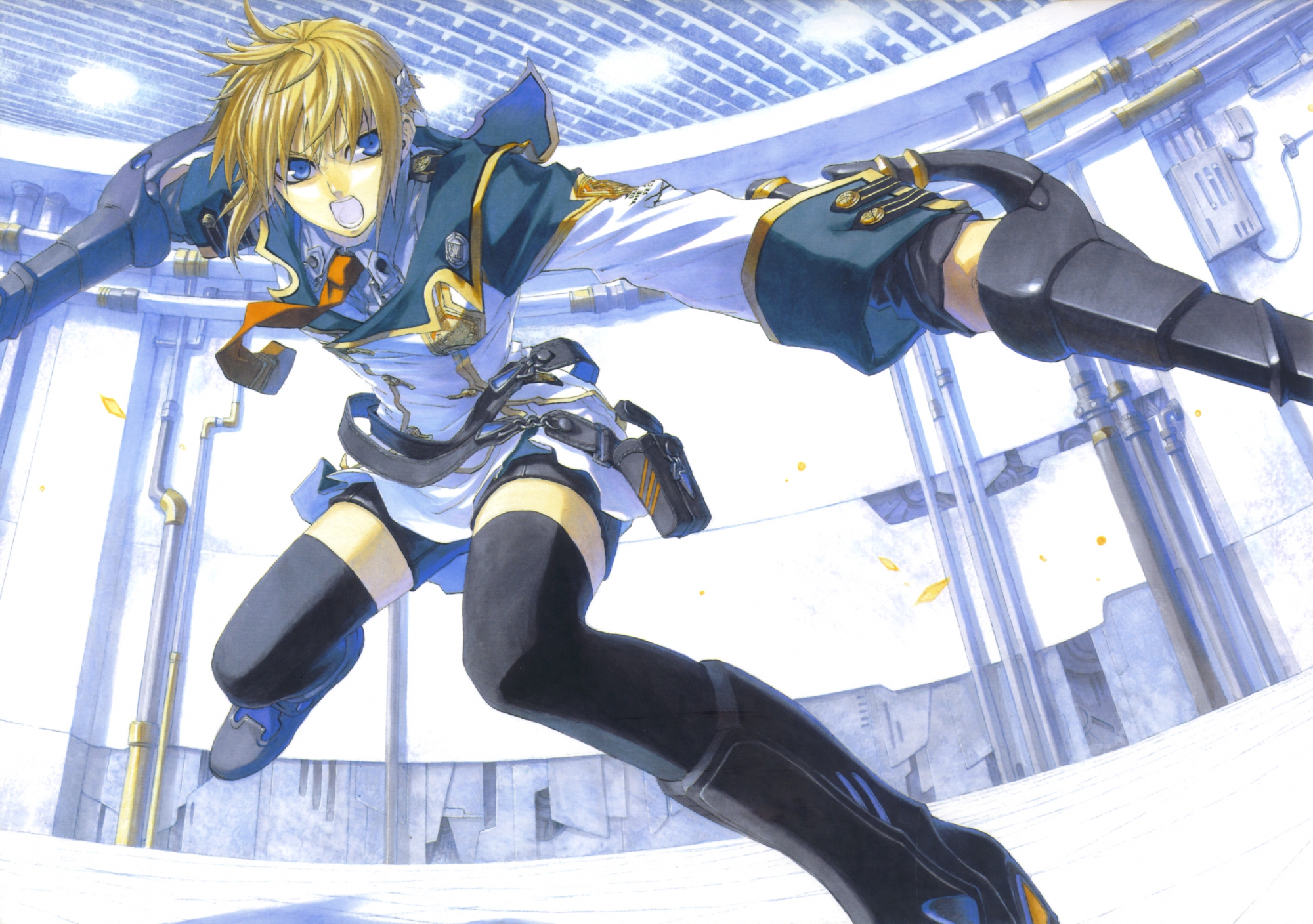 bike_shorts, blonde_hair, blue_eyes, chrome_shelled_regios, miyuu, nina_antalk, short_hair, shorts