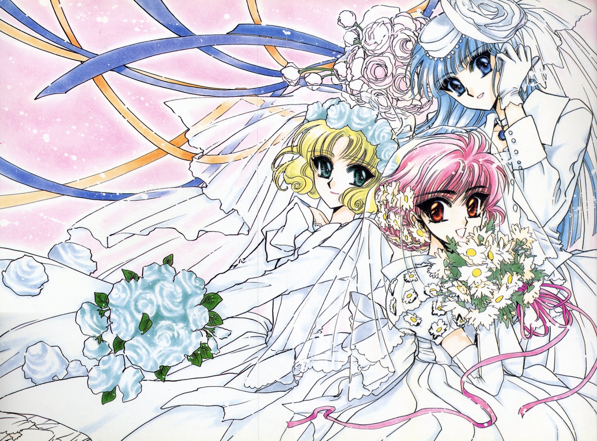 clamp, hoouji_fuu, magic_knight_rayearth, ryuuzaki_umi, shidou_hikaru, wedding, wedding_attire