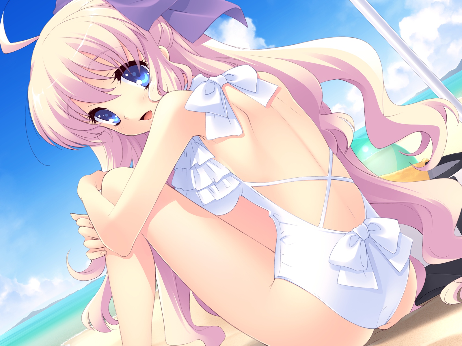 beach, blue_eyes, flyable_heart, game_cg, itou_noiji, minase_sakurako, pink_hair, swimsuit