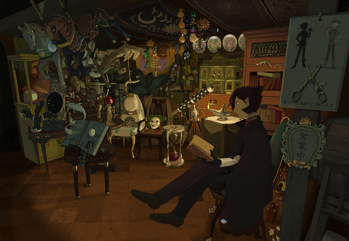 all_male, black_hair, book, brown, cape, furumi_shouichi, gloves, male, mask, original, pointed_ears, short_hair, translation_request