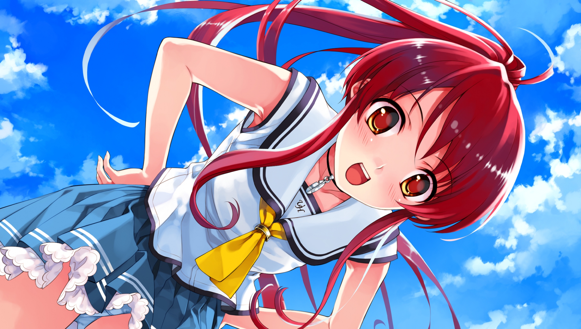 abhar, clouds, deep_blue_sky_&_pure_white_wings, game_cg, misaki_kurehito, miyamae_tomoka, red_hair, school_uniform