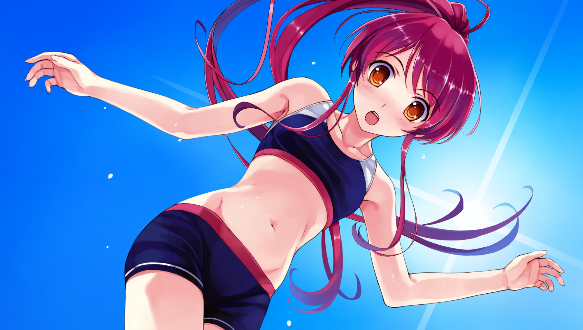 abhar, bikini, blush, deep_blue_sky_&_pure_white_wings, flat_chest, game_cg, long_hair, misaki_kurehito, miyamae_tomoka, orange_eyes, ponytail, red_hair, sky, swimsuit, wet