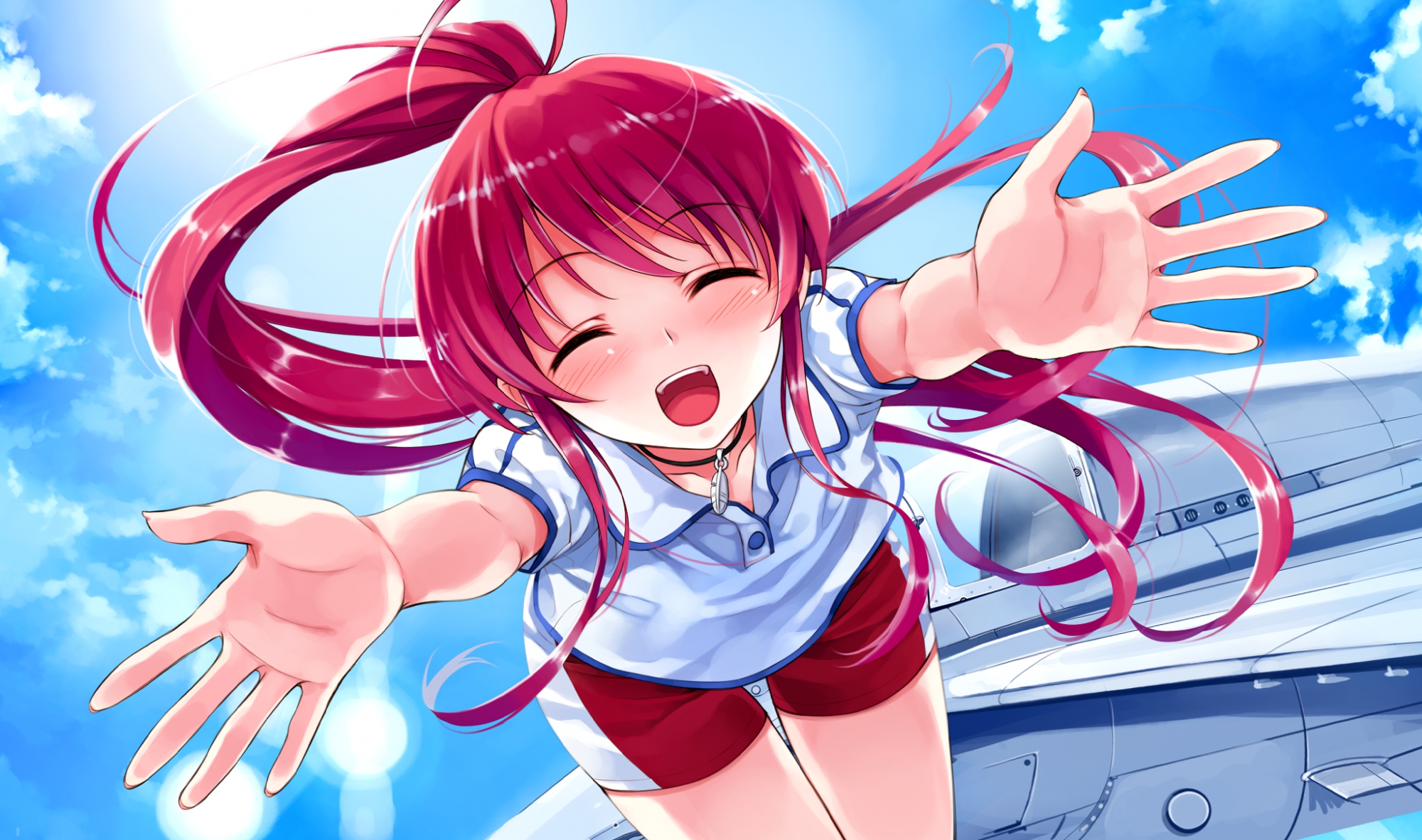 abhar, aircraft, bike_shorts, blush, clouds, deep_blue_sky_&_pure_white_wings, game_cg, long_hair