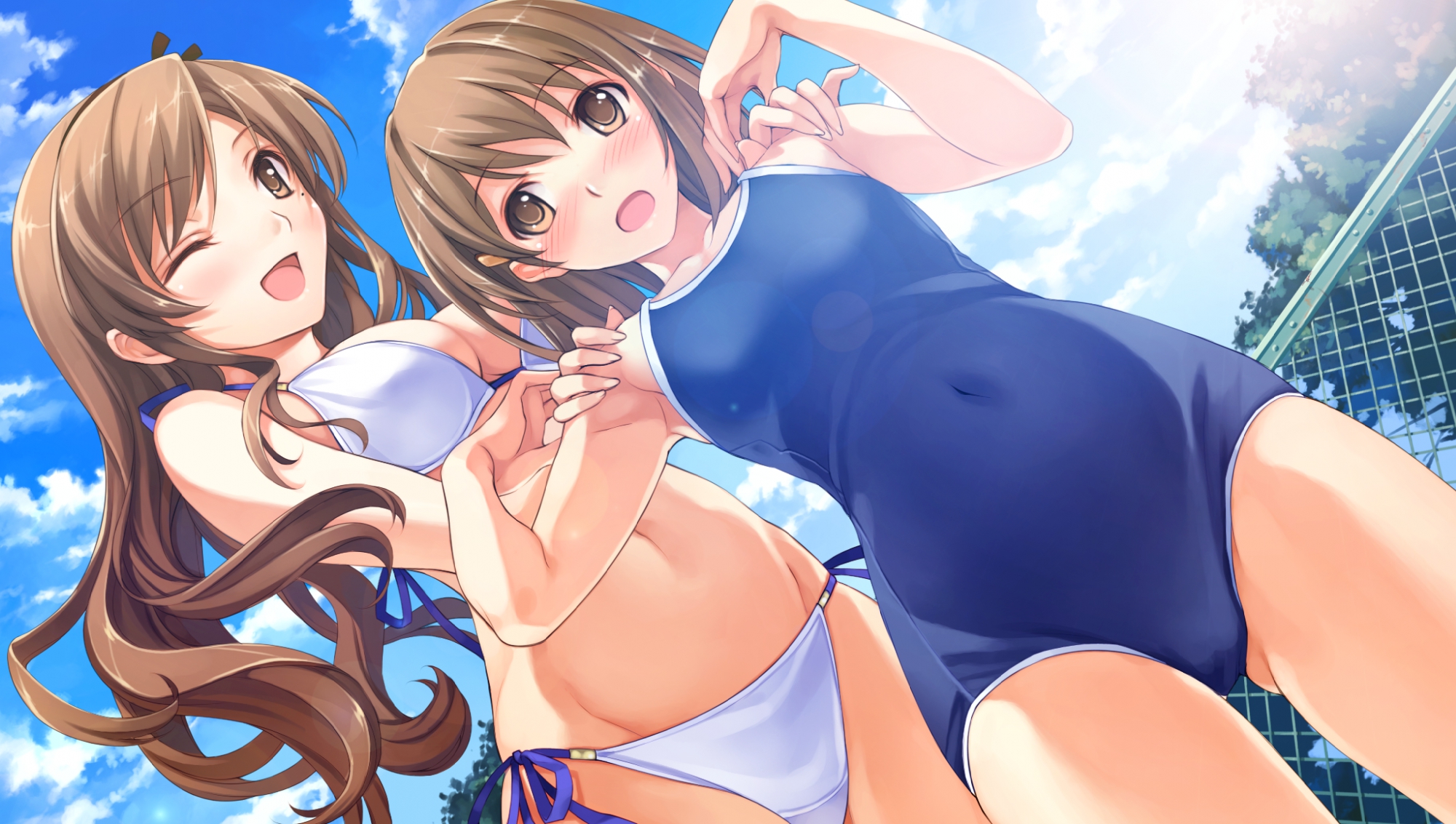 2girls, abhar, bikini, blush, breasts, brown_eyes, brown_hair, cleavage, clouds, deep_blue_sky_&_pure_white_wings, flat_chest, game_cg, headband, long_hair, misaki_kurehito, nakano_hinata, school_swimsuit, short_hair, sky, swimsuit, tsuyazaki_kokage, wink