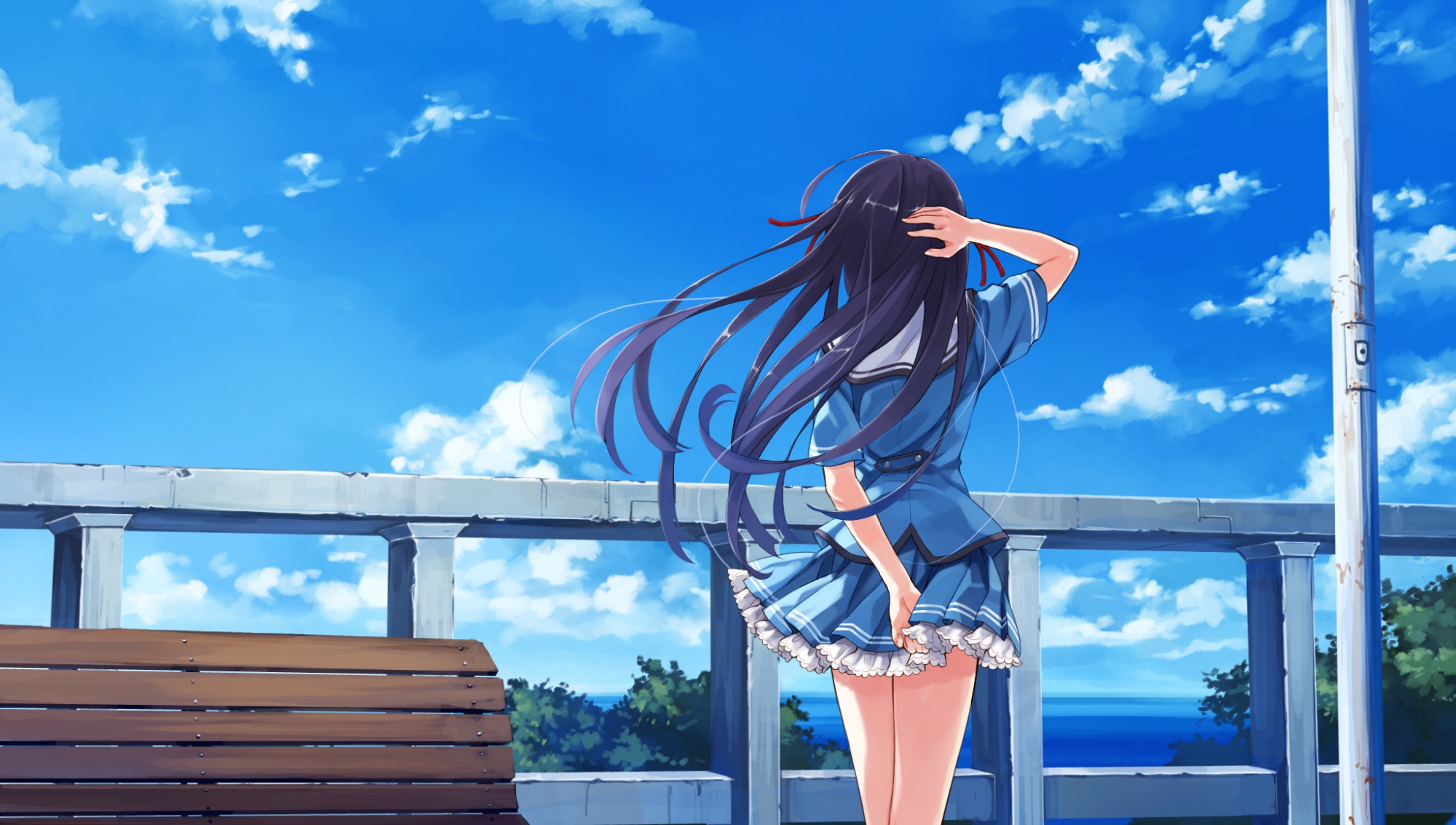 abhar, blue_hair, clouds, deep_blue_sky_&_pure_white_wings, game_cg, koga_sayoko, long_hair, misaki_kurehito, park, ribbons, school_uniform, skirt, sky, water