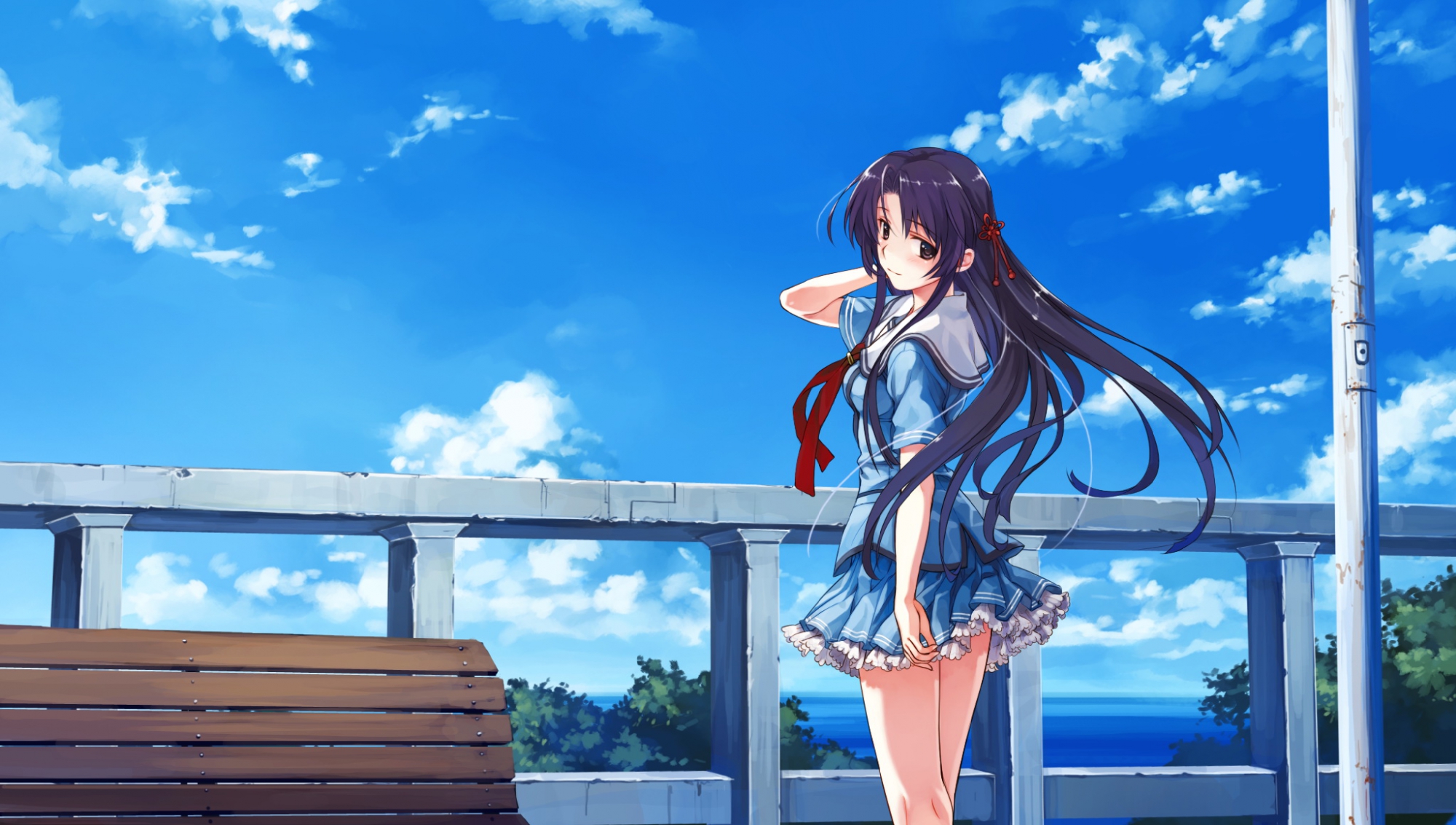 abhar, blue_eyes, blue_hair, blush, clouds, deep_blue_sky_&_pure_white_wings, game_cg, koga_sayoko