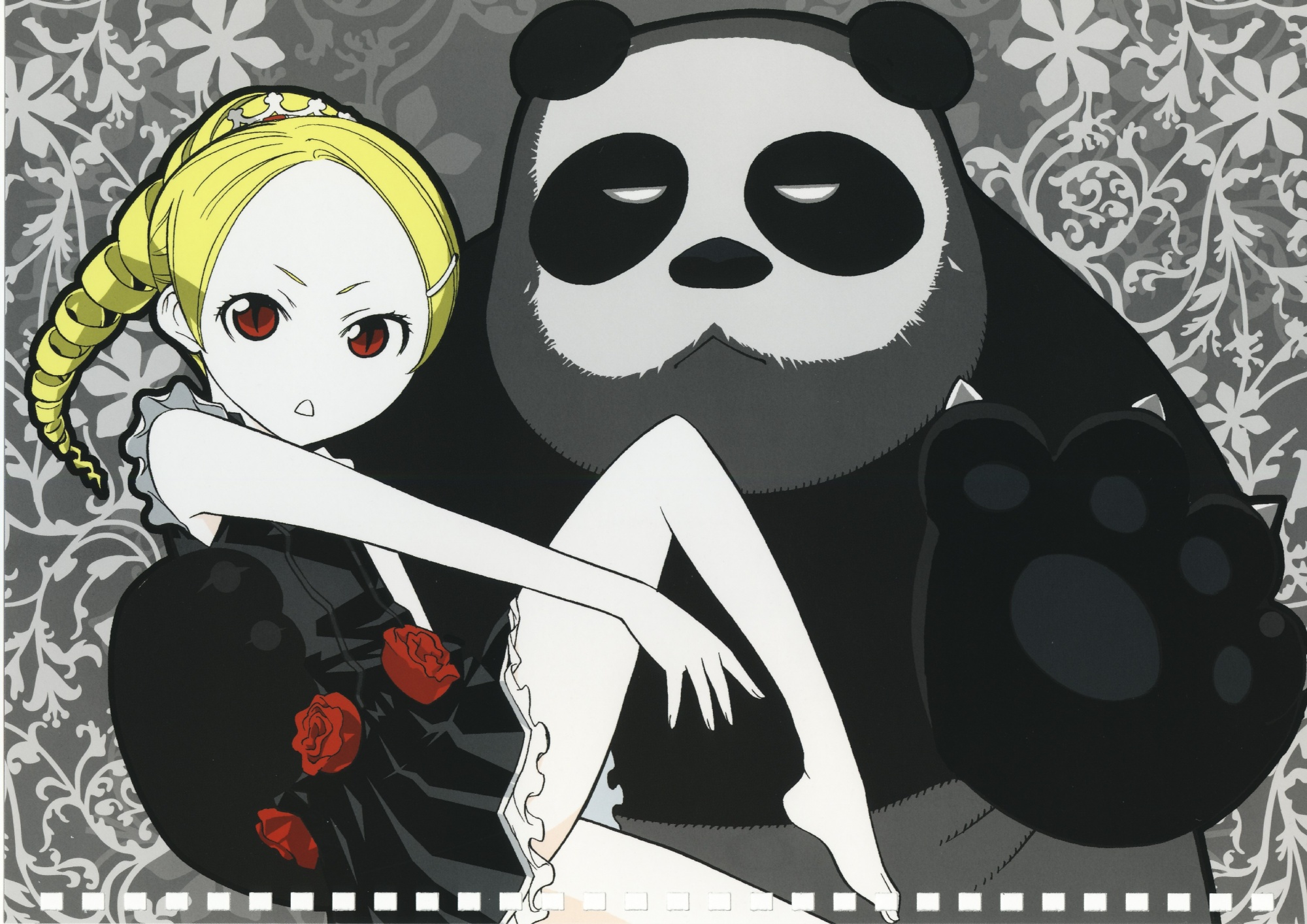 animal, bear, blonde_hair, flowers, gray, kaibutsu_oujo, long_hair, panda, red_eyes, rose, ryuuryuu, sherwood, tagme_(artist), tiara