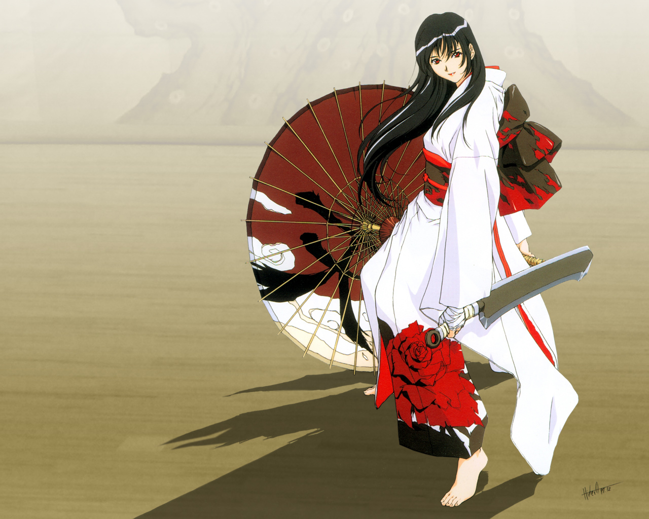 black_hair, horibe_hiderou, japanese_clothes, sword, umbrella, weapon
