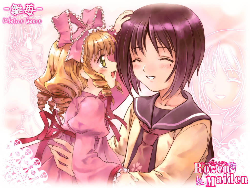 blonde_hair, brown_hair, green_eyes, hina_ichigo, kashiwaba_tomoe, rozen_maiden, short_hair