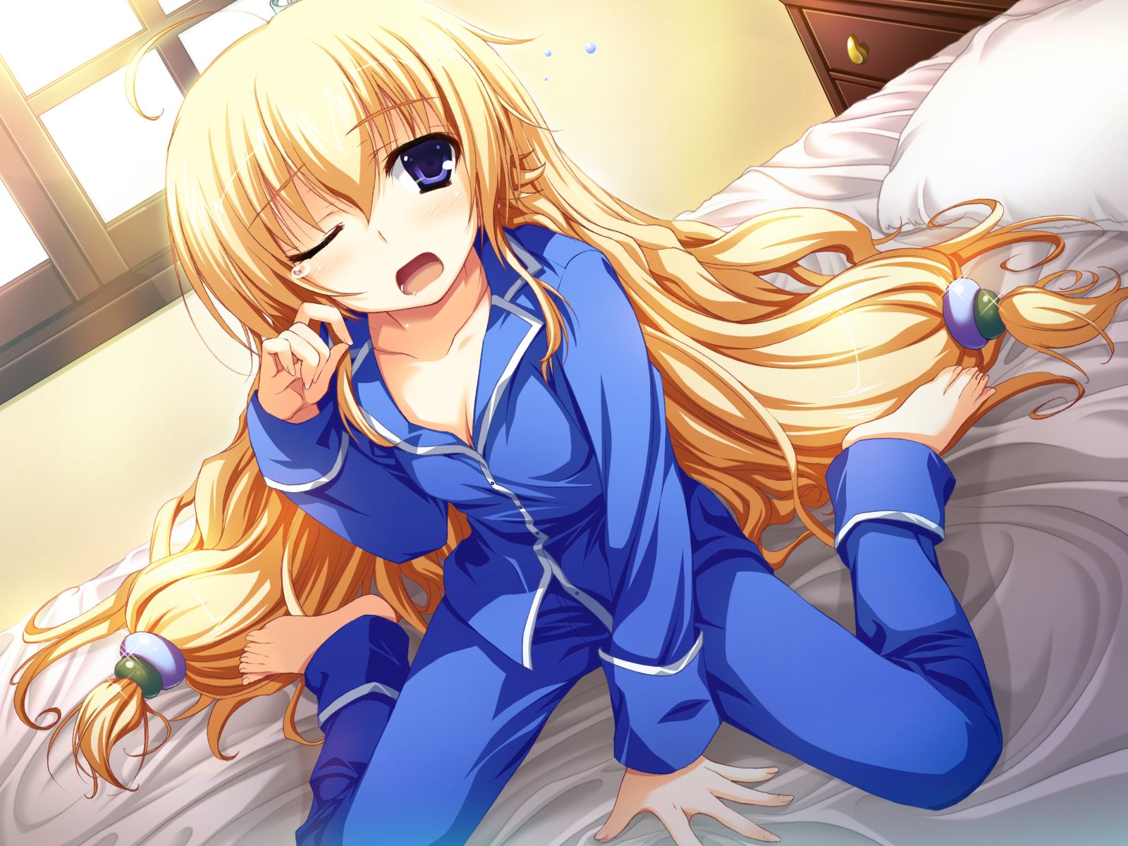 akatsuki_no_goei, bed, blonde_hair, blue_eyes, game_cg, kurayashiki_tae, pajamas, syangrila
