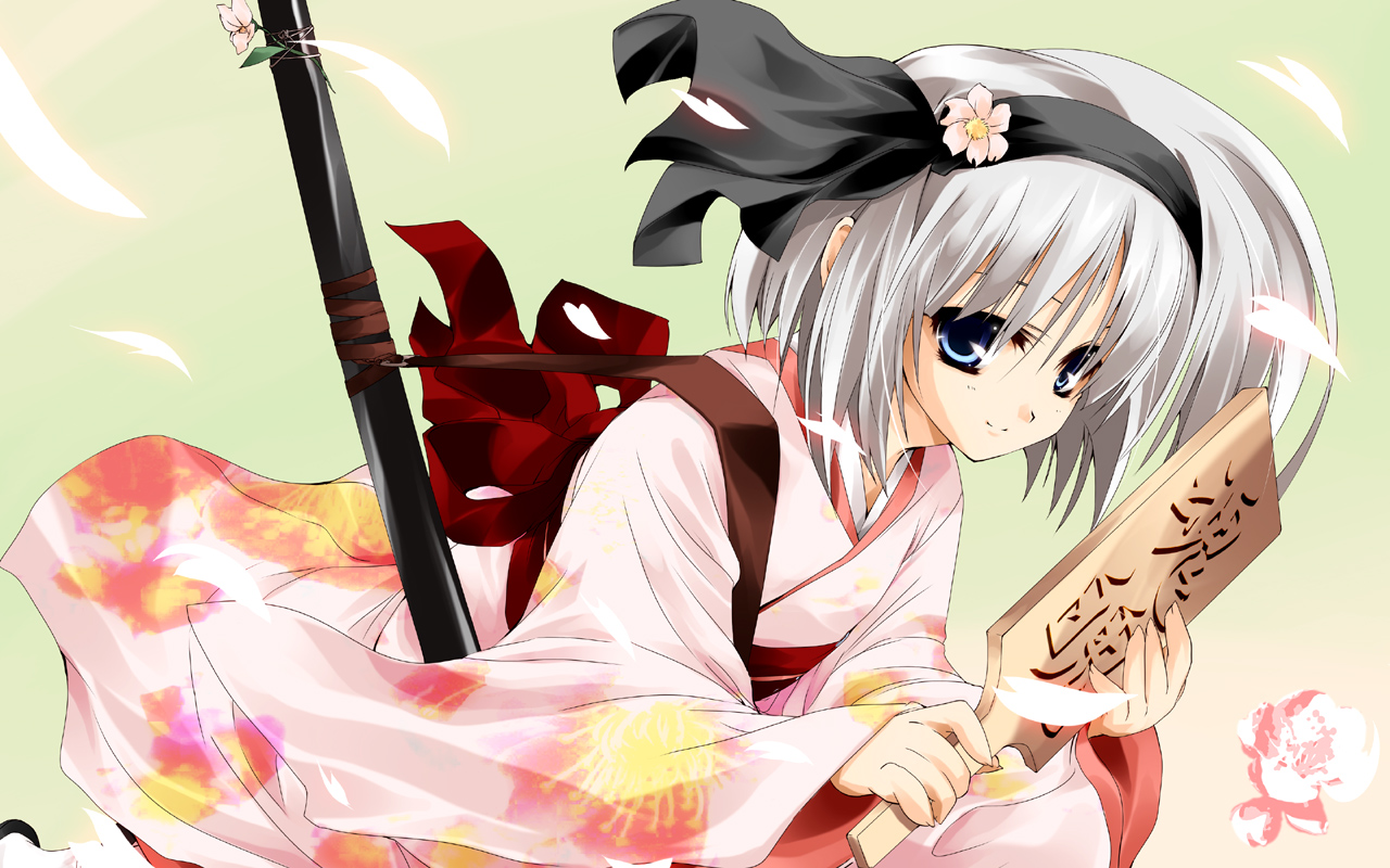 aliasing, delusion_overdose, flowers, japanese_clothes, katana, kimono, konpaku_youmu, sword, touhou, weapon
