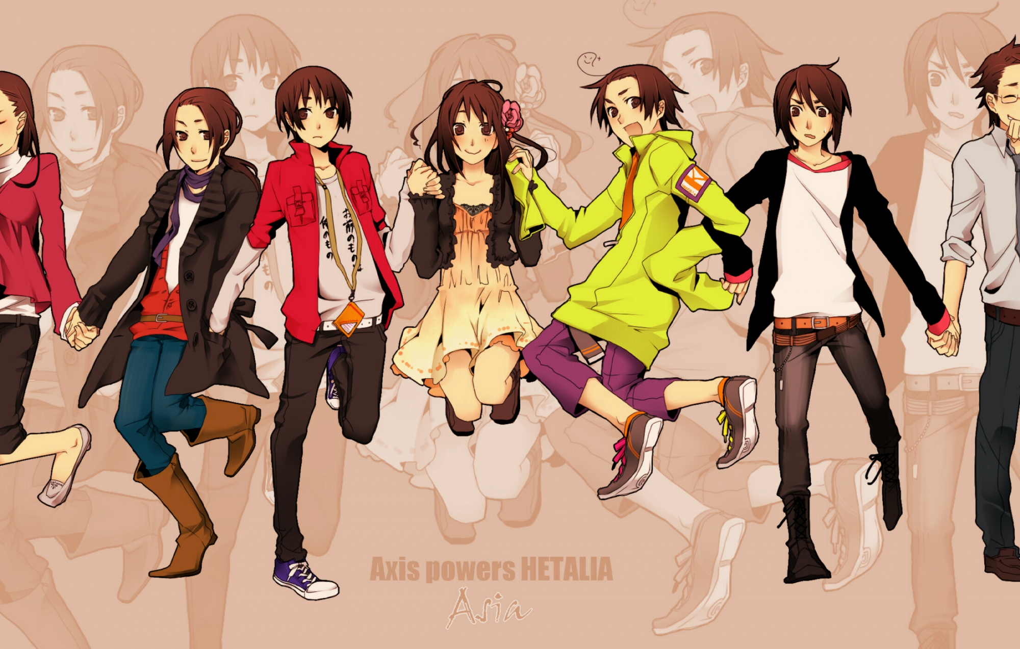 anthropomorphism, axis_powers_hetalia, boots, brown, china_(hetalia), happiness, hong_kong_(hetalia), japan_(hetalia), male, south_korea_(hetalia), taiwan_(hetalia), thailand_(hetalia)