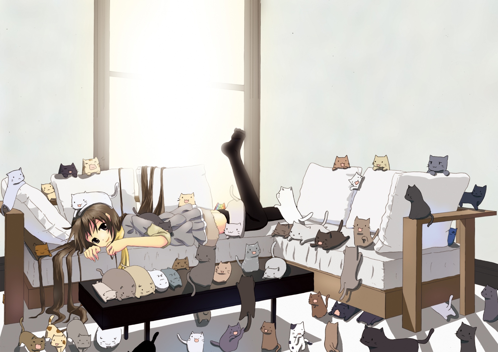 animal, brown_hair, cat, nekonaka, thighhighs