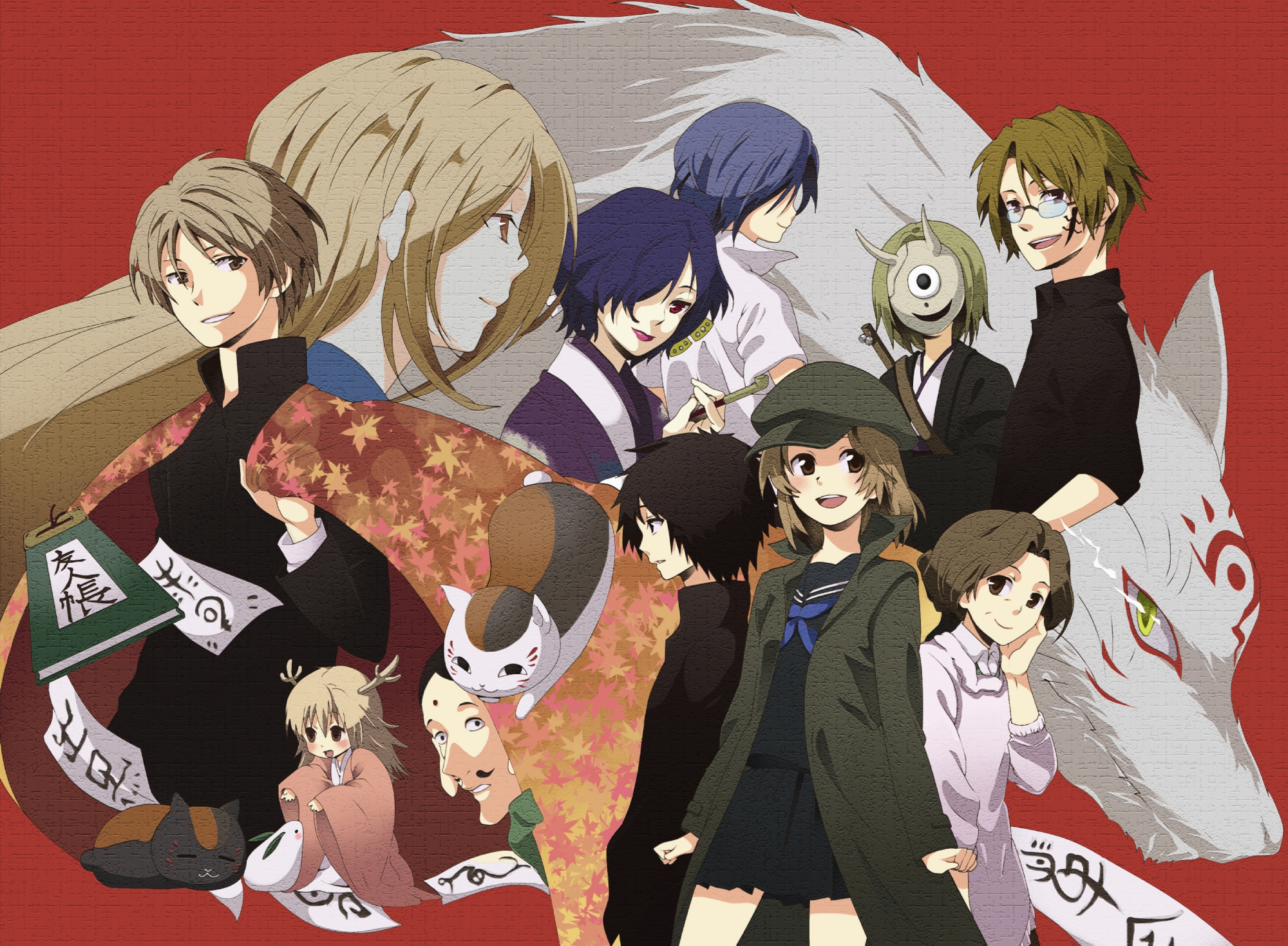 fujiwara_touko, hiiragi_(natsume), hinoe, ishio_kai, madara, male, natori_shuuichi, natsume_reiko, natsume_takashi, natsume_yuujinchou, ofuda, red, taki_tooru, tama_(natsume), tanuma_kaname