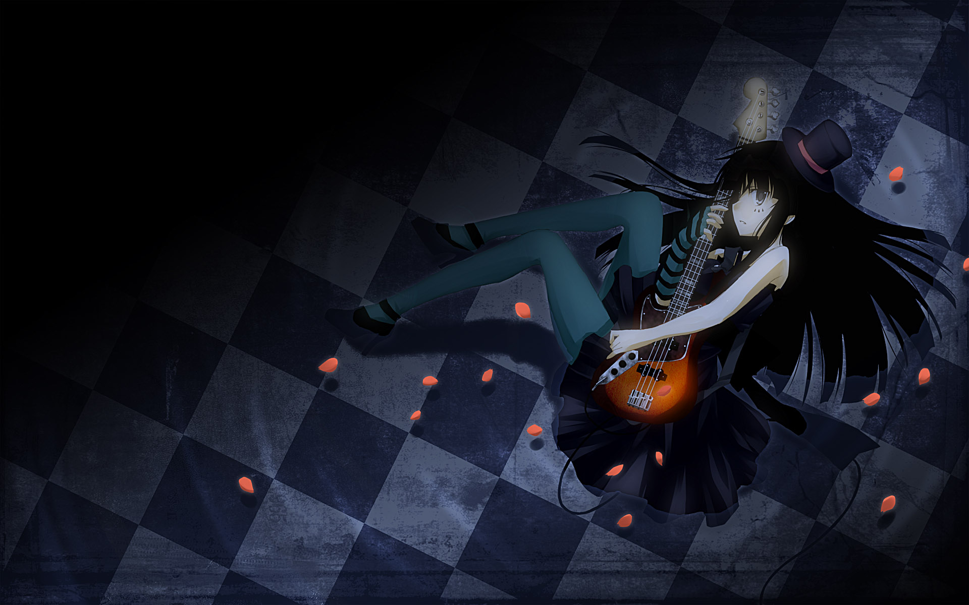 akiyama_mio, black_hair, dark, dress, guitar, hat, instrument, k-on!