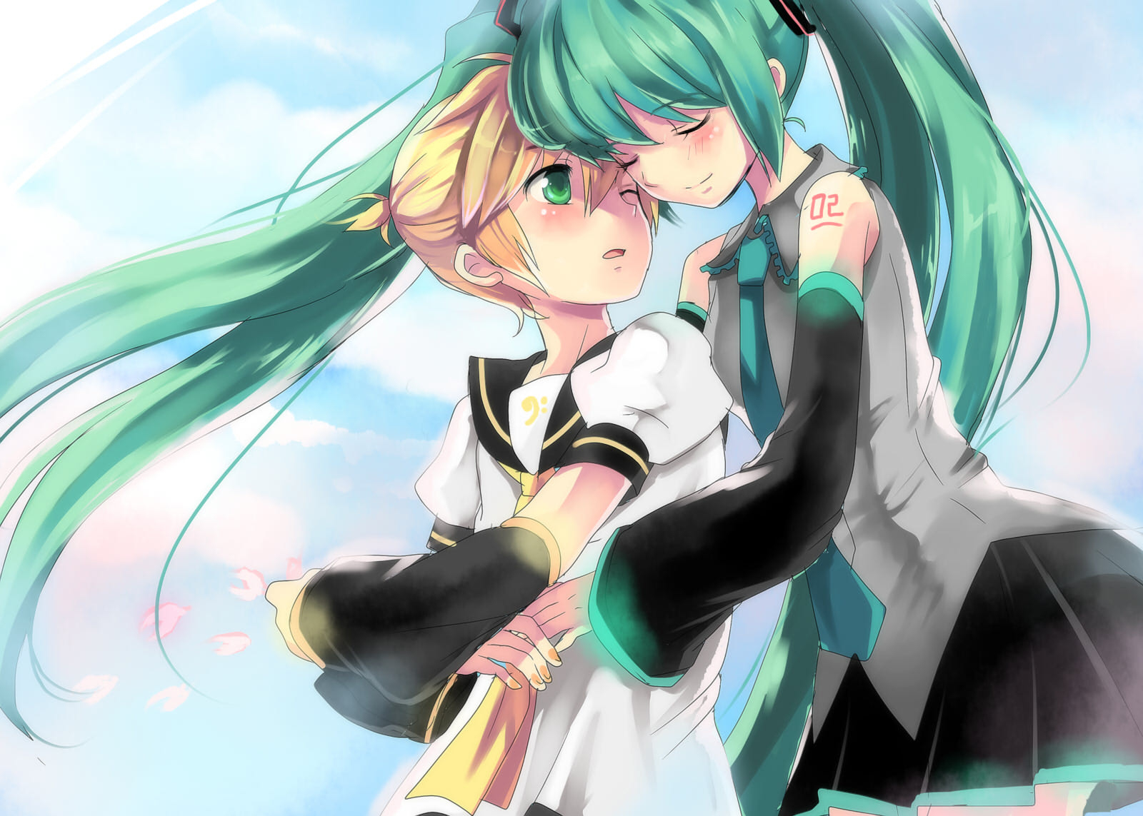 hatsune_miku, hikarino, hug, kagamine_len, male, vocaloid